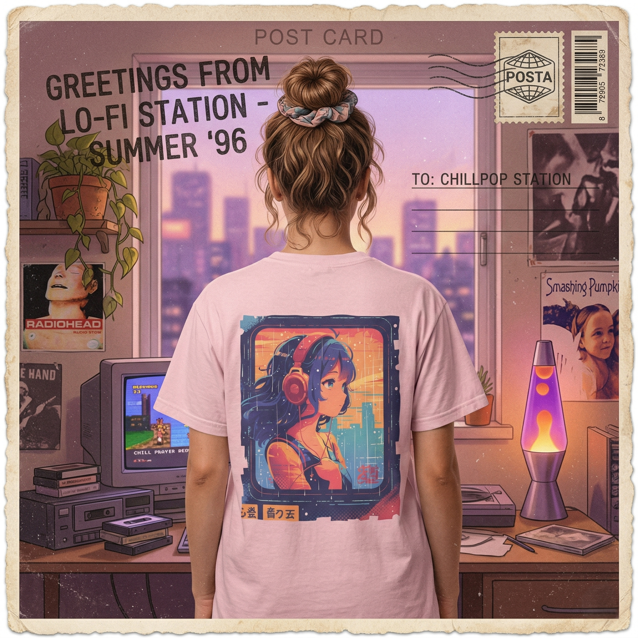 90's Lofi Anime Citygirl, Retro Chillpop Headphones Design T-Shirt