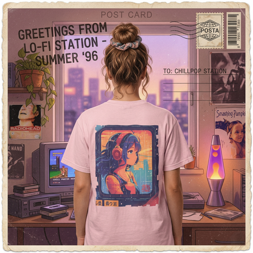 90's Lofi Anime Citygirl, Retro Chillpop Headphones Design T-Shirt