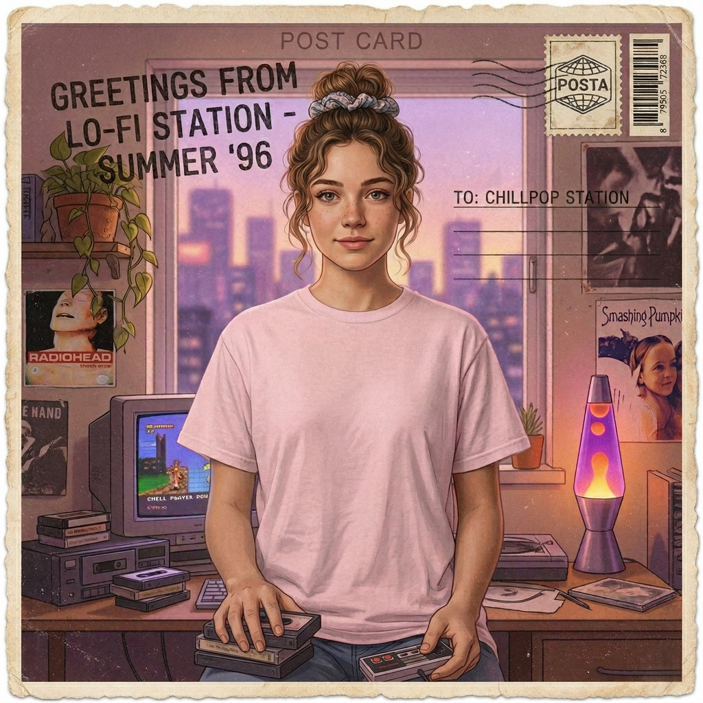 90's Lofi Anime Citygirl, Retro Chillpop Headphones Design T-Shirt