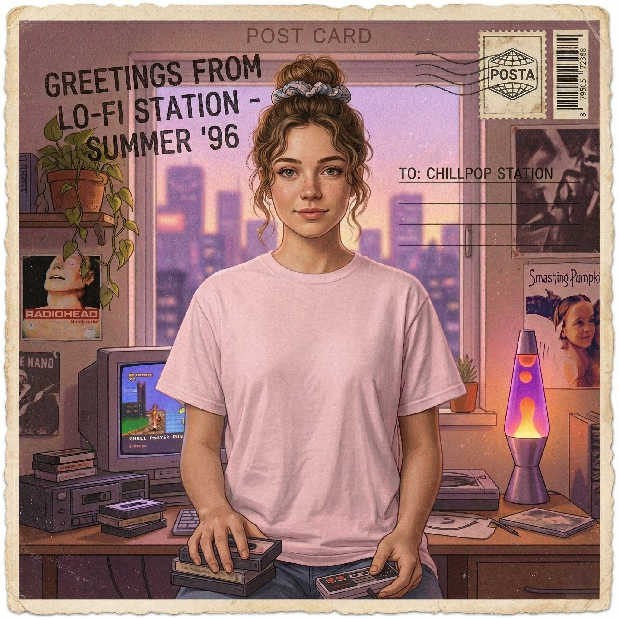 90's Lofi Anime Citygirl, Retro Chillpop Headphones Design T-Shirt