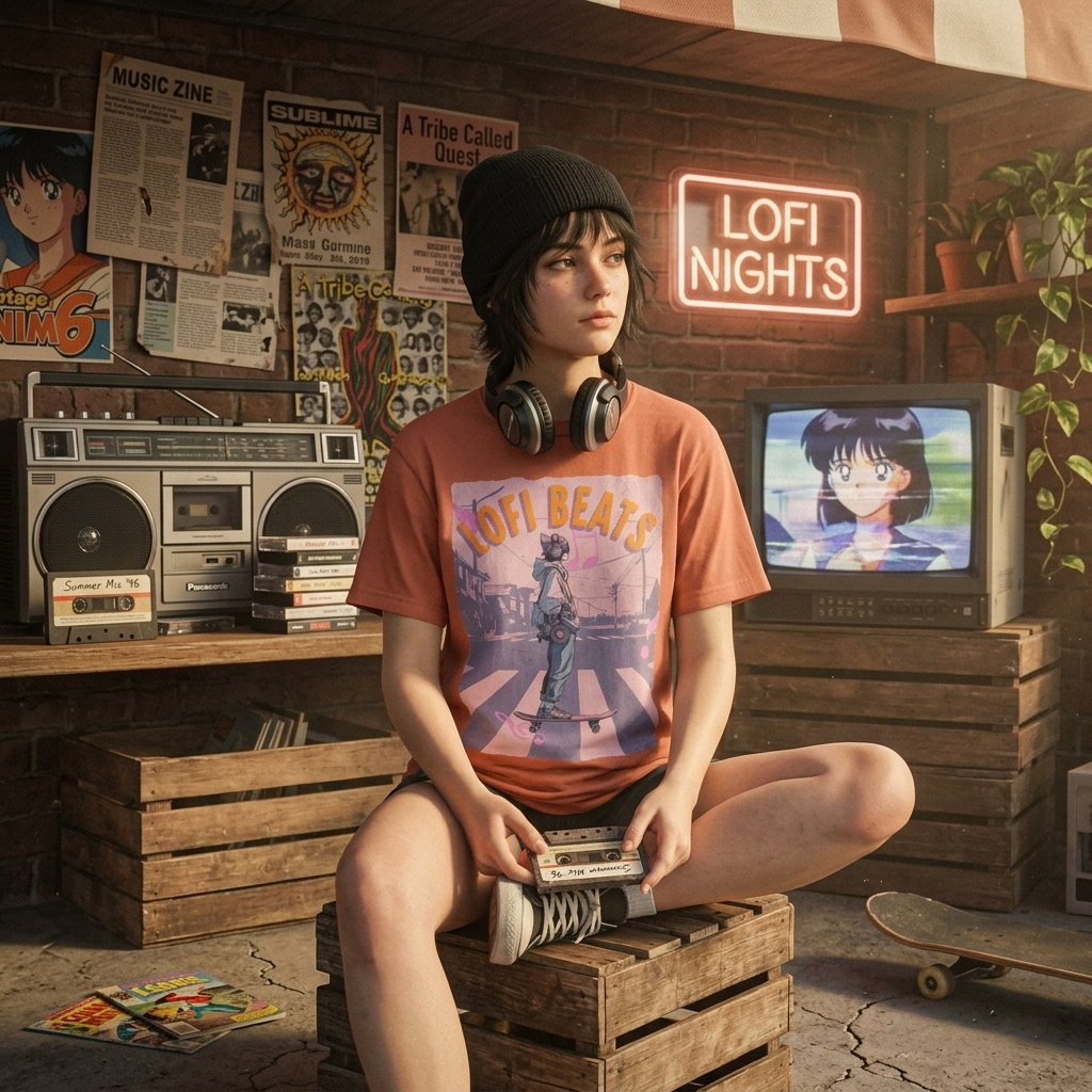 90s Lofi Beats Skateboard Girl T‑Shirt