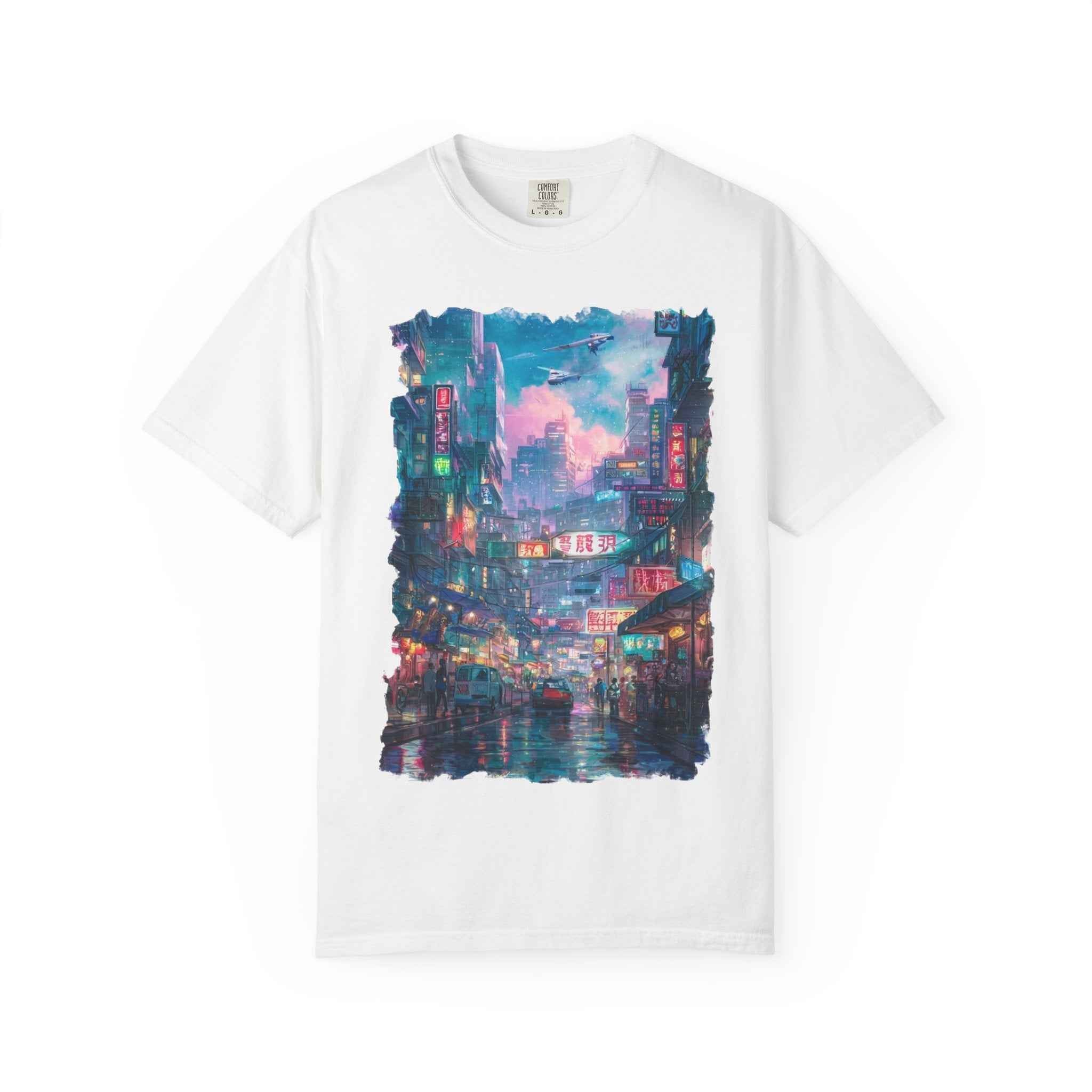 Anime Cyber City Nightscape T-Shirt — Retro Neon Rain Street Scene