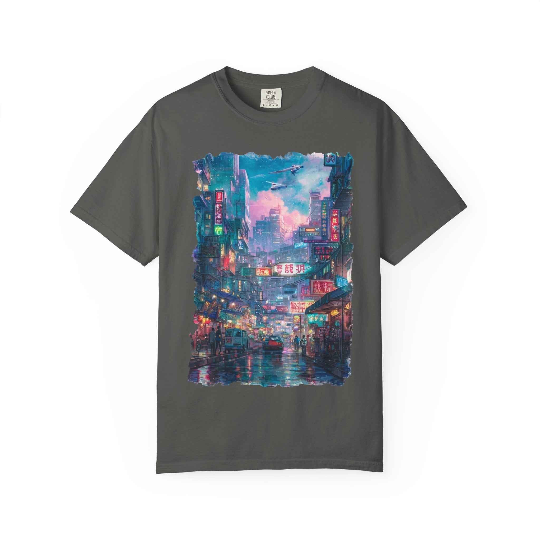 Anime Cyber City Nightscape T-Shirt — Retro Neon Rain Street Scene