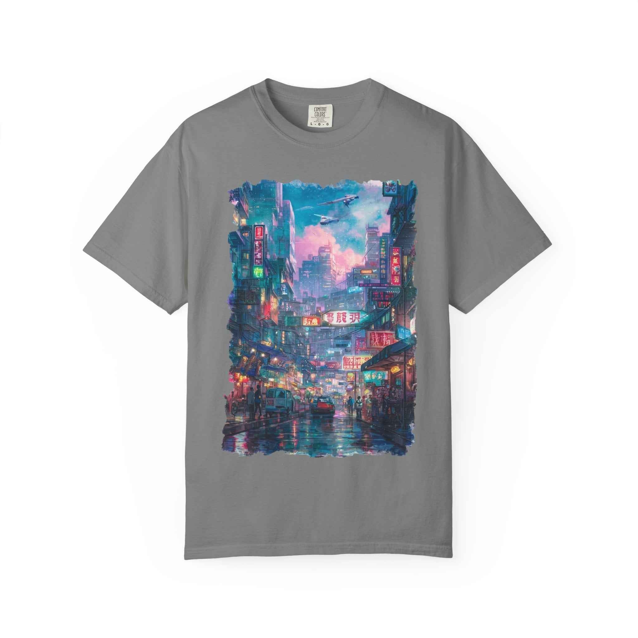 Anime Cyber City Nightscape T-Shirt — Retro Neon Rain Street Scene