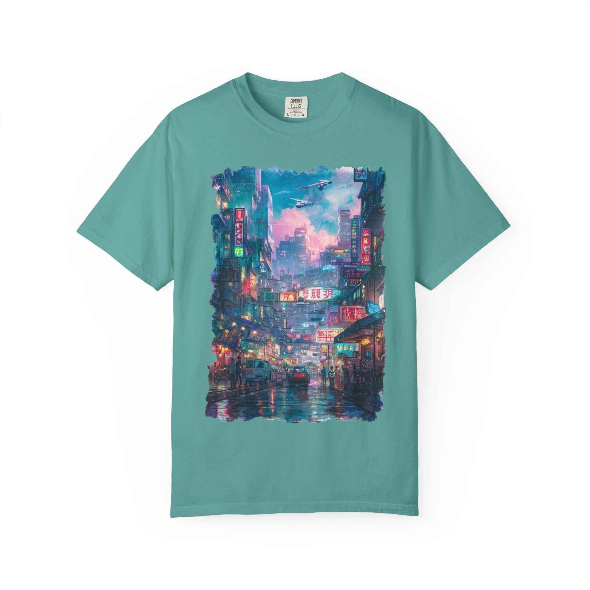 Anime Cyber City Nightscape T-Shirt — Retro Neon Rain Street Scene