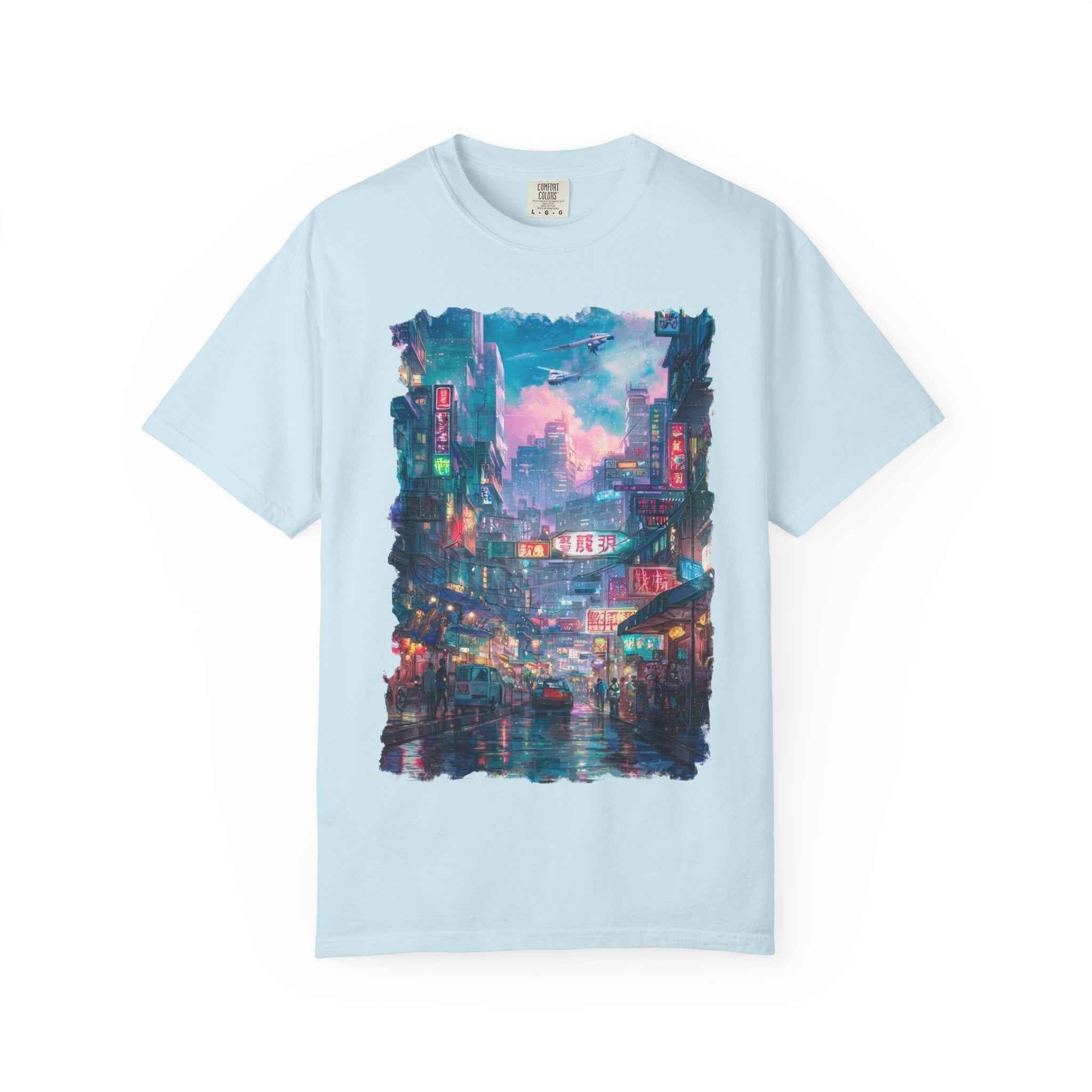 Anime Cyber City Nightscape T-Shirt — Retro Neon Rain Street Scene