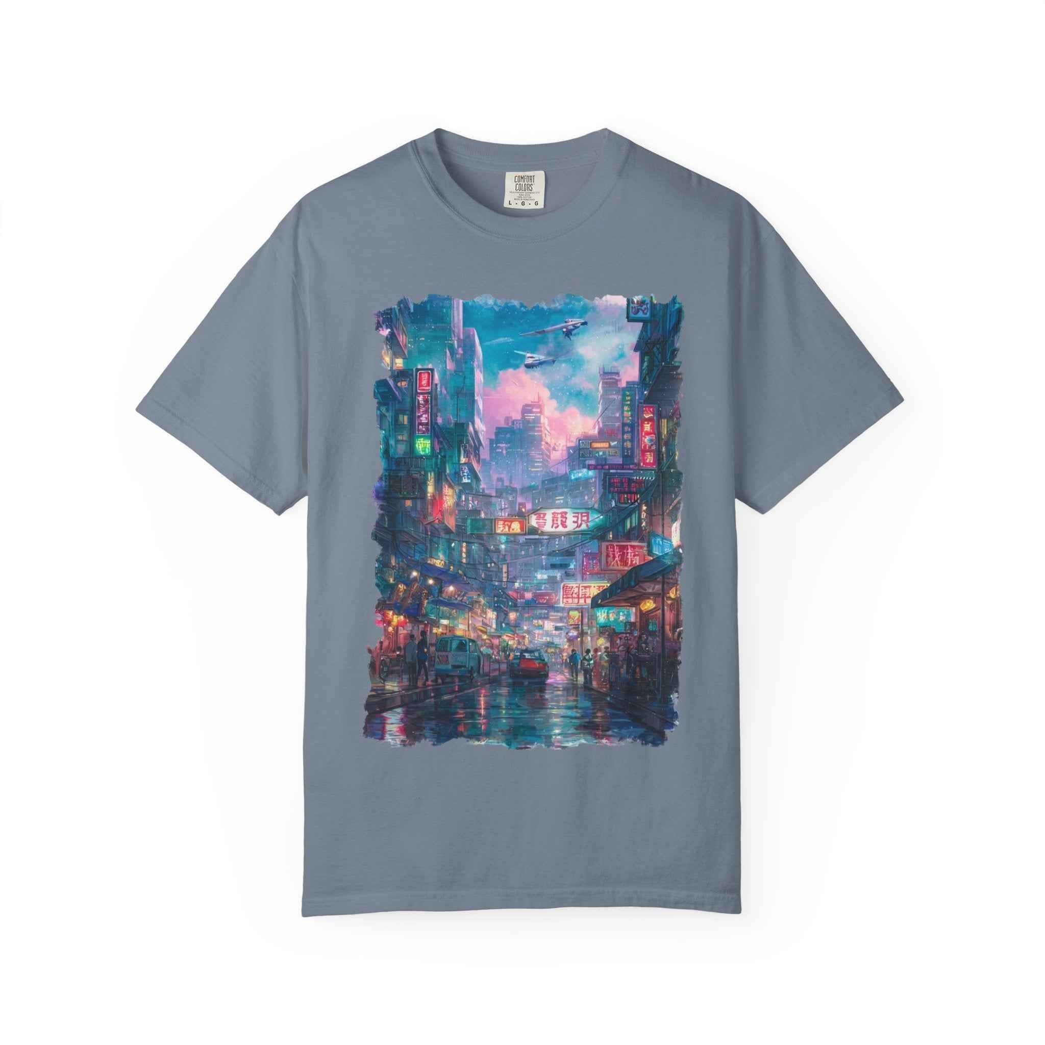Anime Cyber City Nightscape T-Shirt — Retro Neon Rain Street Scene