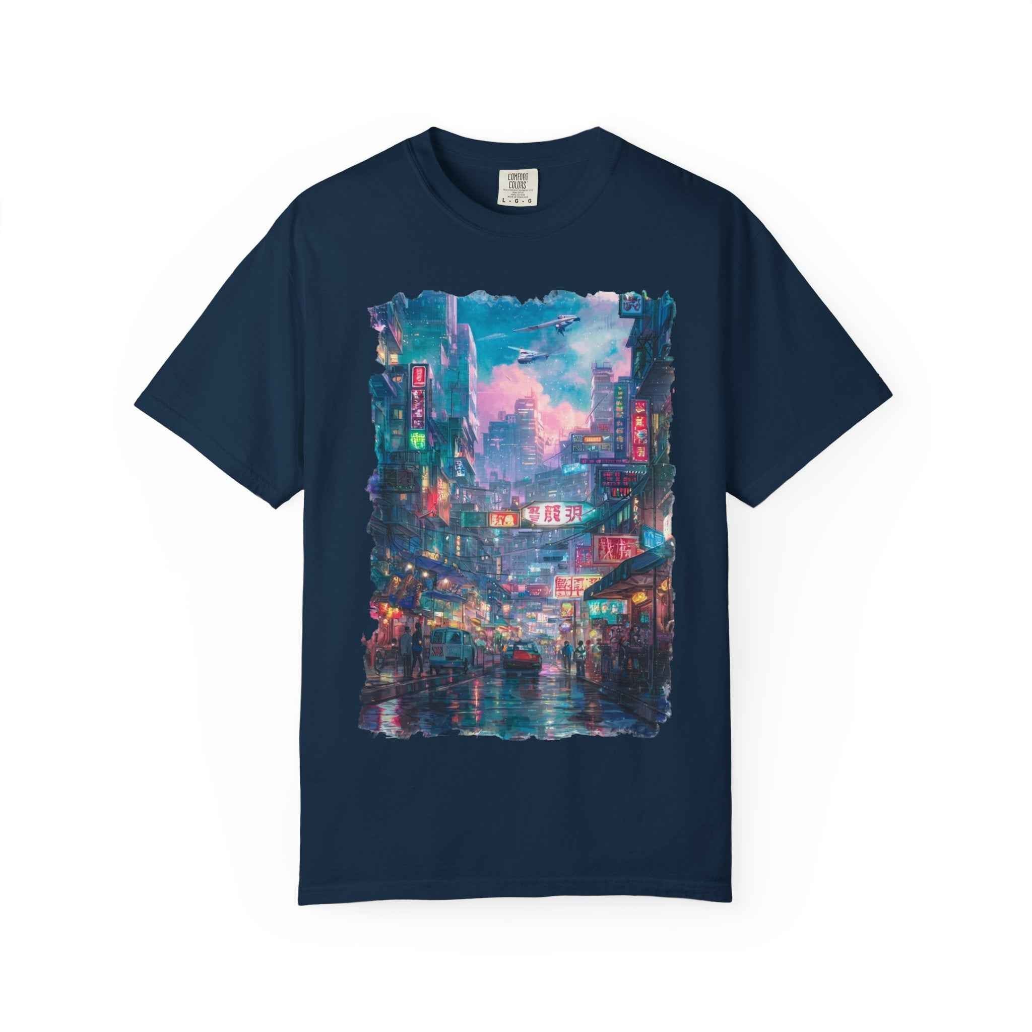 Anime Cyber City Nightscape T-Shirt — Retro Neon Rain Street Scene