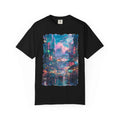 Anime Cyber City Nightscape T-Shirt — Retro Neon Rain Street Scene