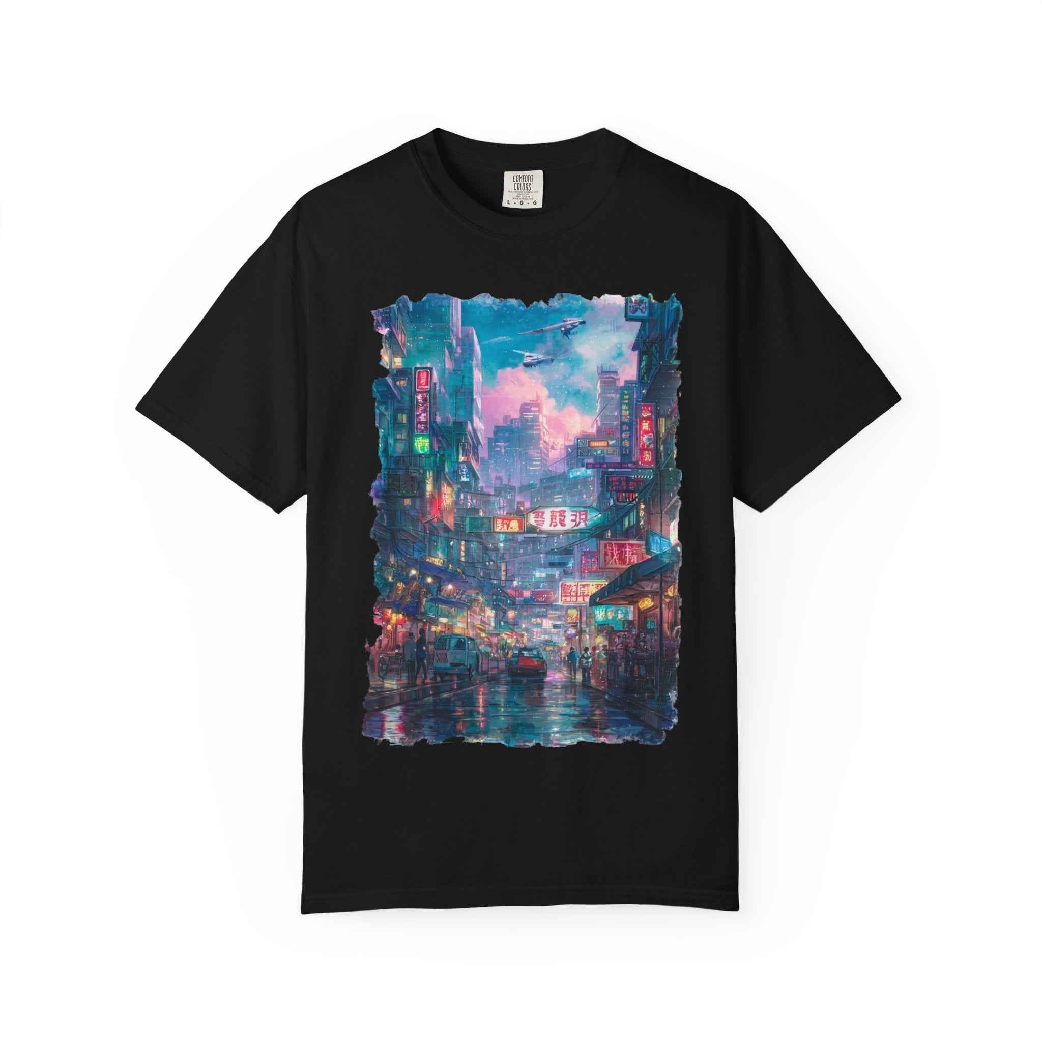 Anime Cyber City Nightscape T-Shirt — Retro Neon Rain Street Scene