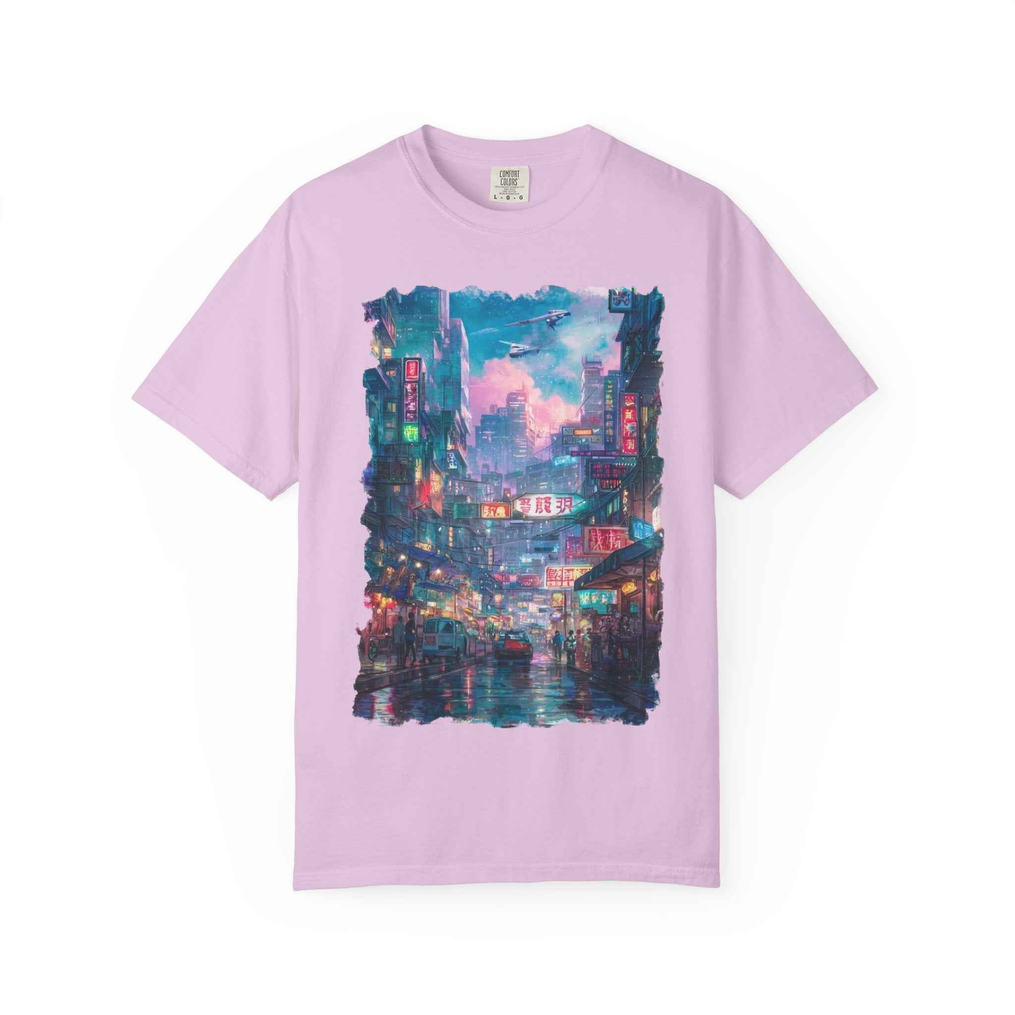 Anime Cyber City Nightscape T-Shirt — Retro Neon Rain Street Scene