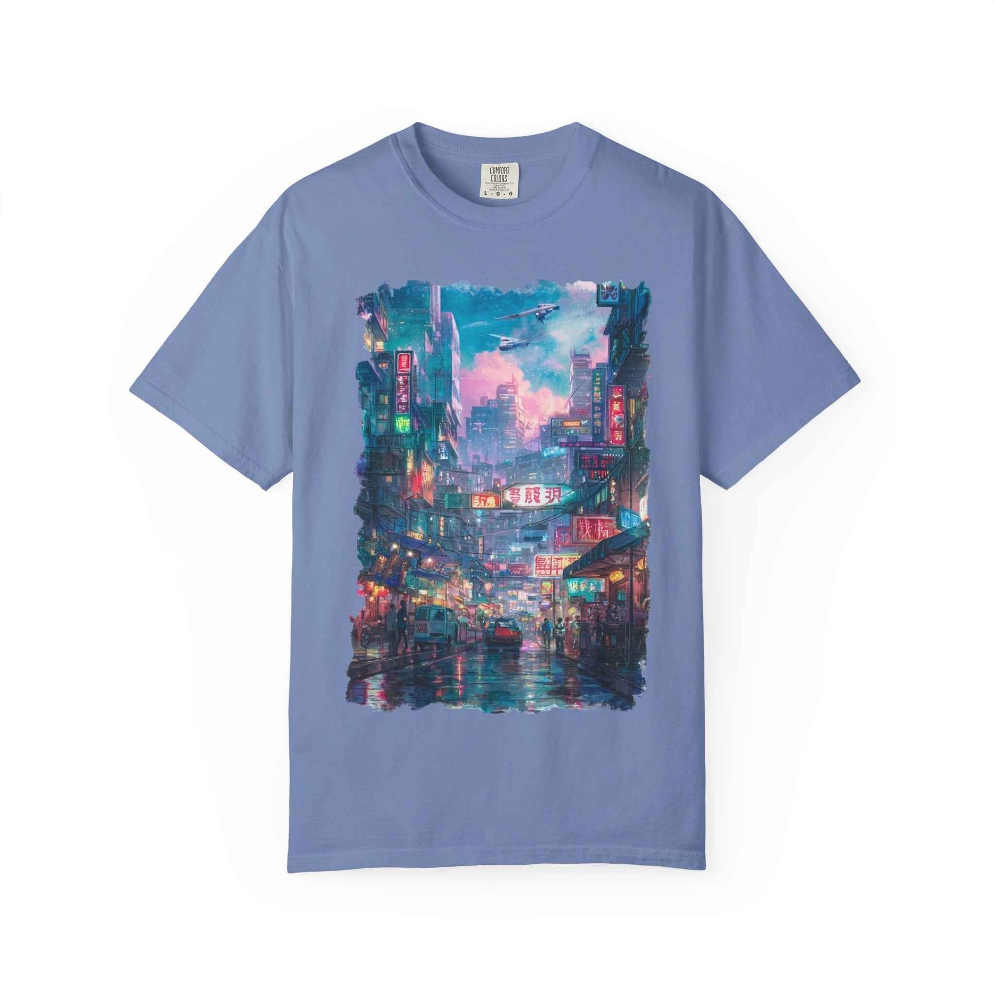 Anime Cyber City Nightscape T-Shirt — Retro Neon Rain Street Scene