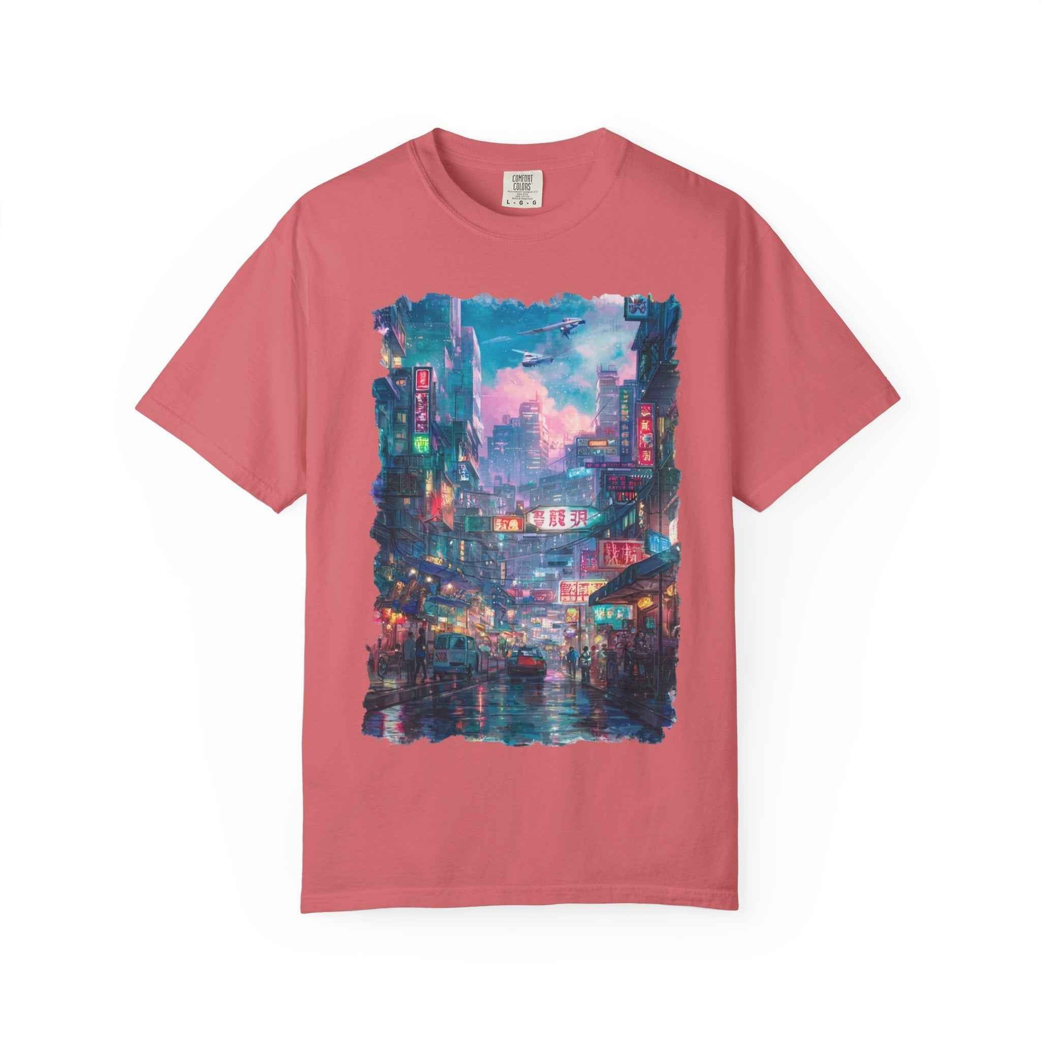 Anime Cyber City Nightscape T-Shirt — Retro Neon Rain Street Scene