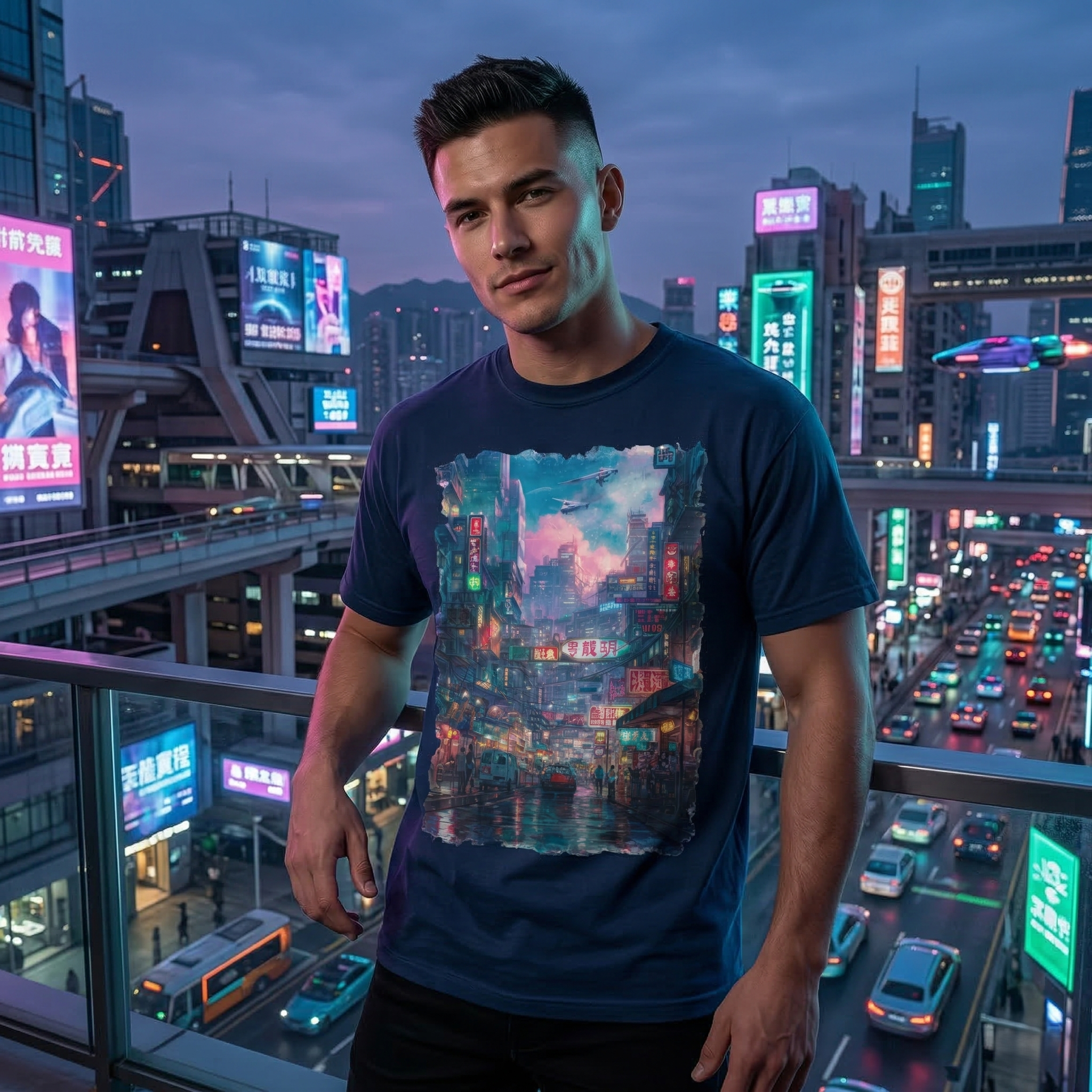 Anime Cyber City Nightscape T-Shirt — Retro Neon Rain Street Scene