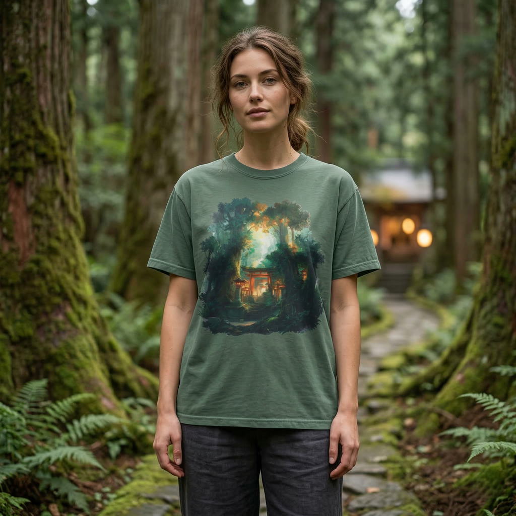 Anime Forest Shrine T-Shirt, Mystical Cabin Nightscape