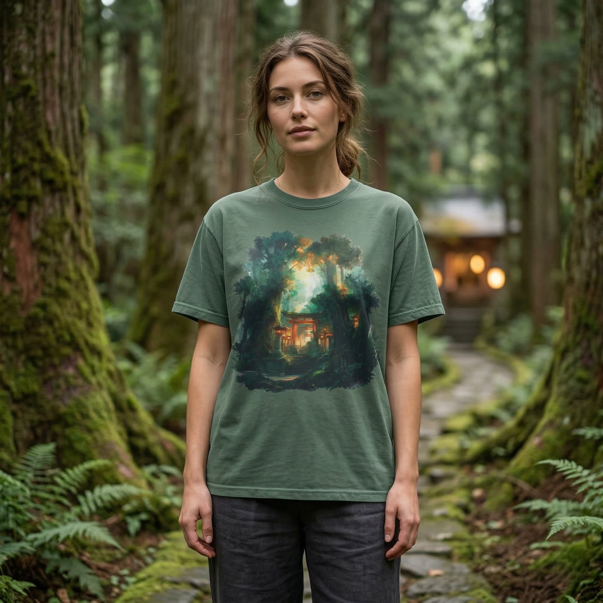 Anime Forest Shrine T-Shirt, Mystical Cabin Nightscape