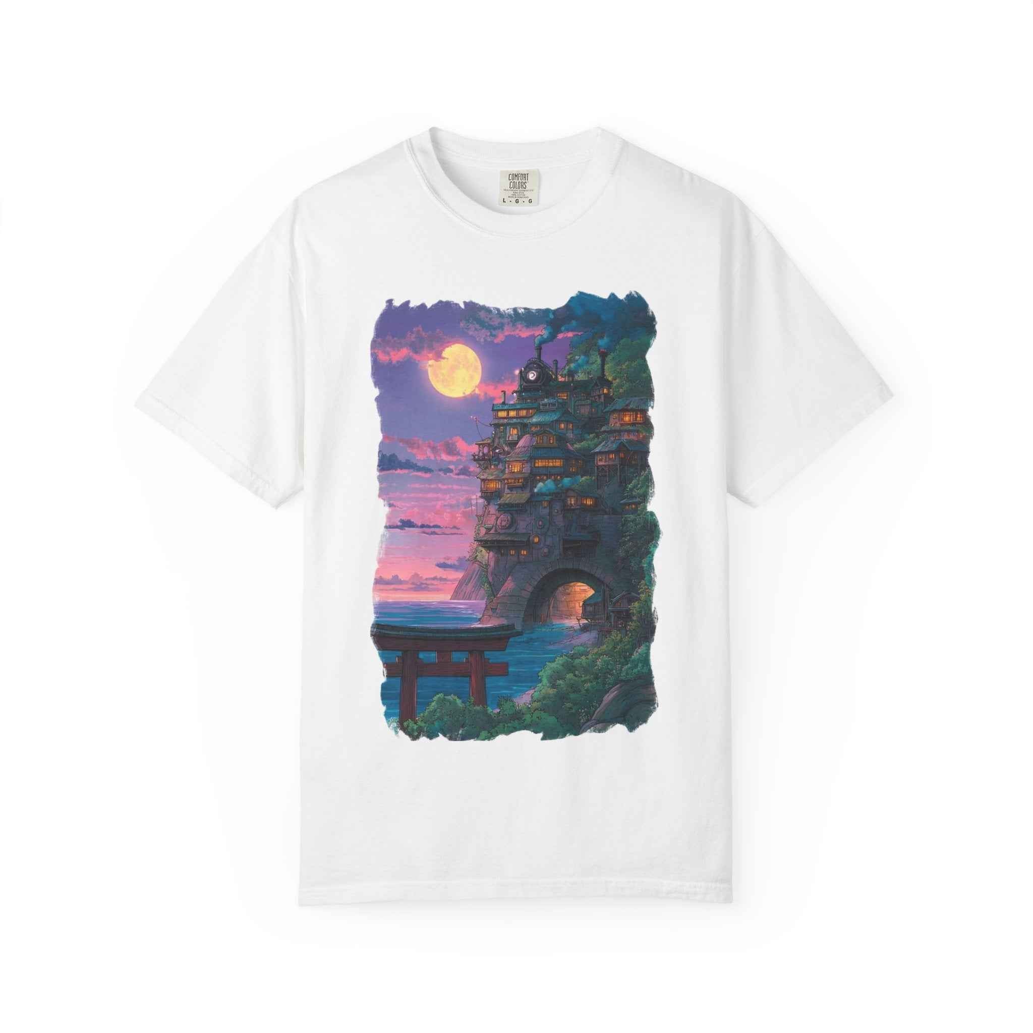Anime-Inspired Moonlit Cliffside T-Shirt — Fantasy Night Village