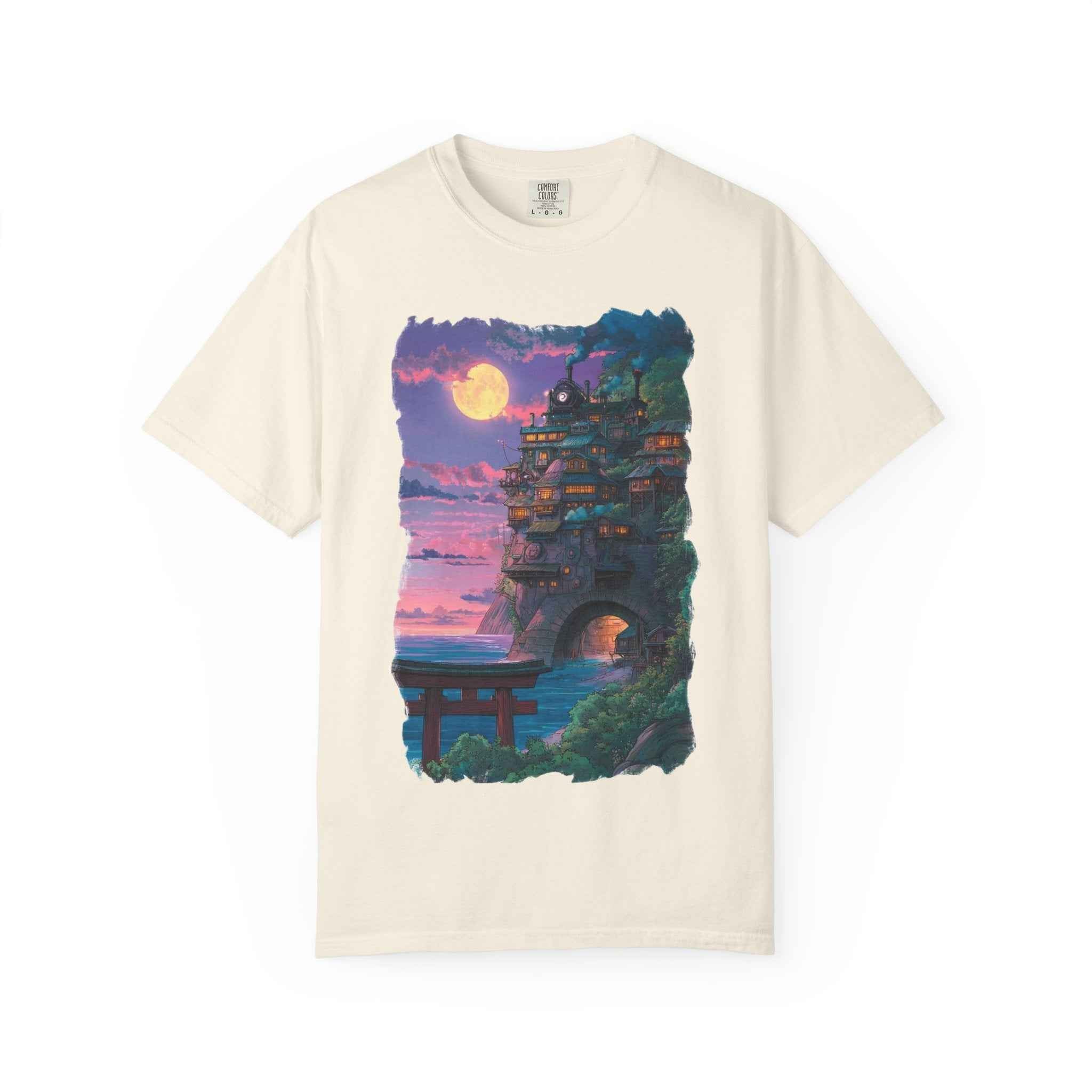 Anime-Inspired Moonlit Cliffside T-Shirt — Fantasy Night Village