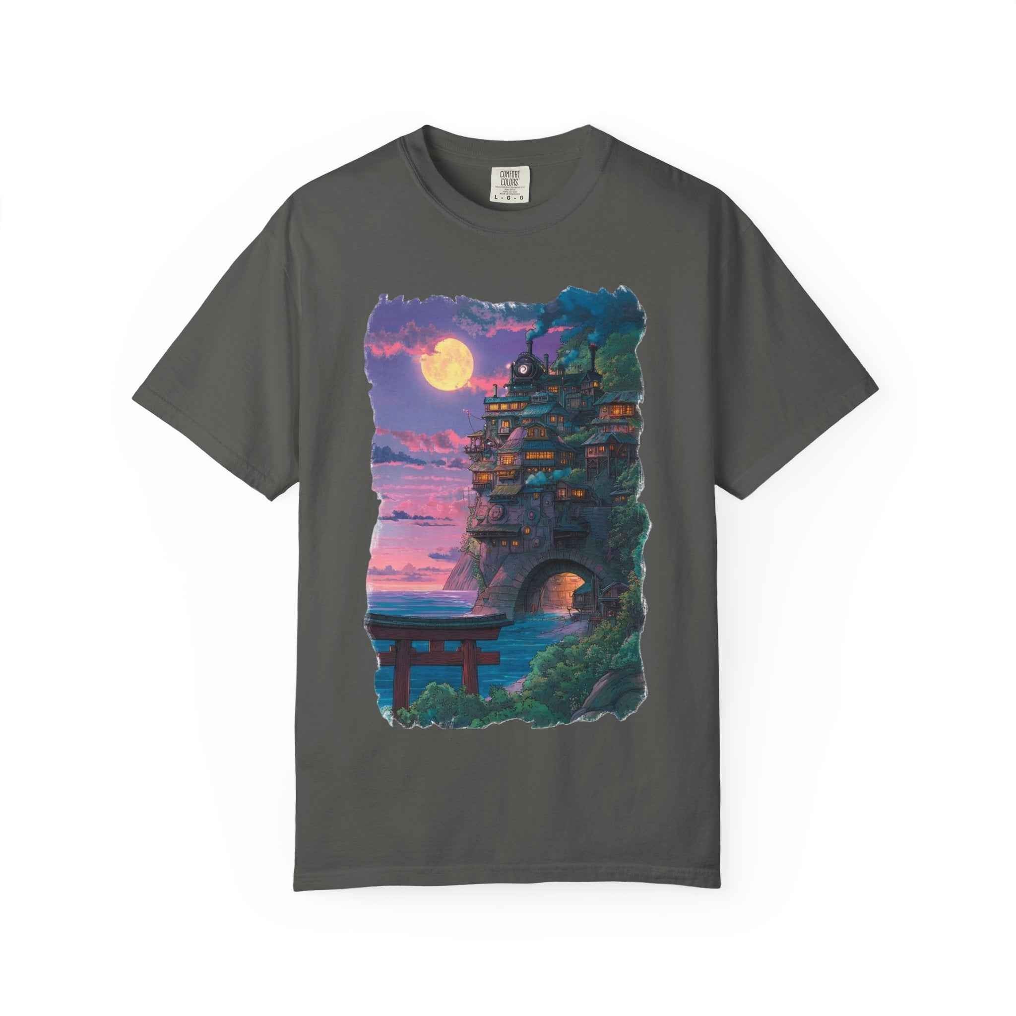 Anime-Inspired Moonlit Cliffside T-Shirt — Fantasy Night Village