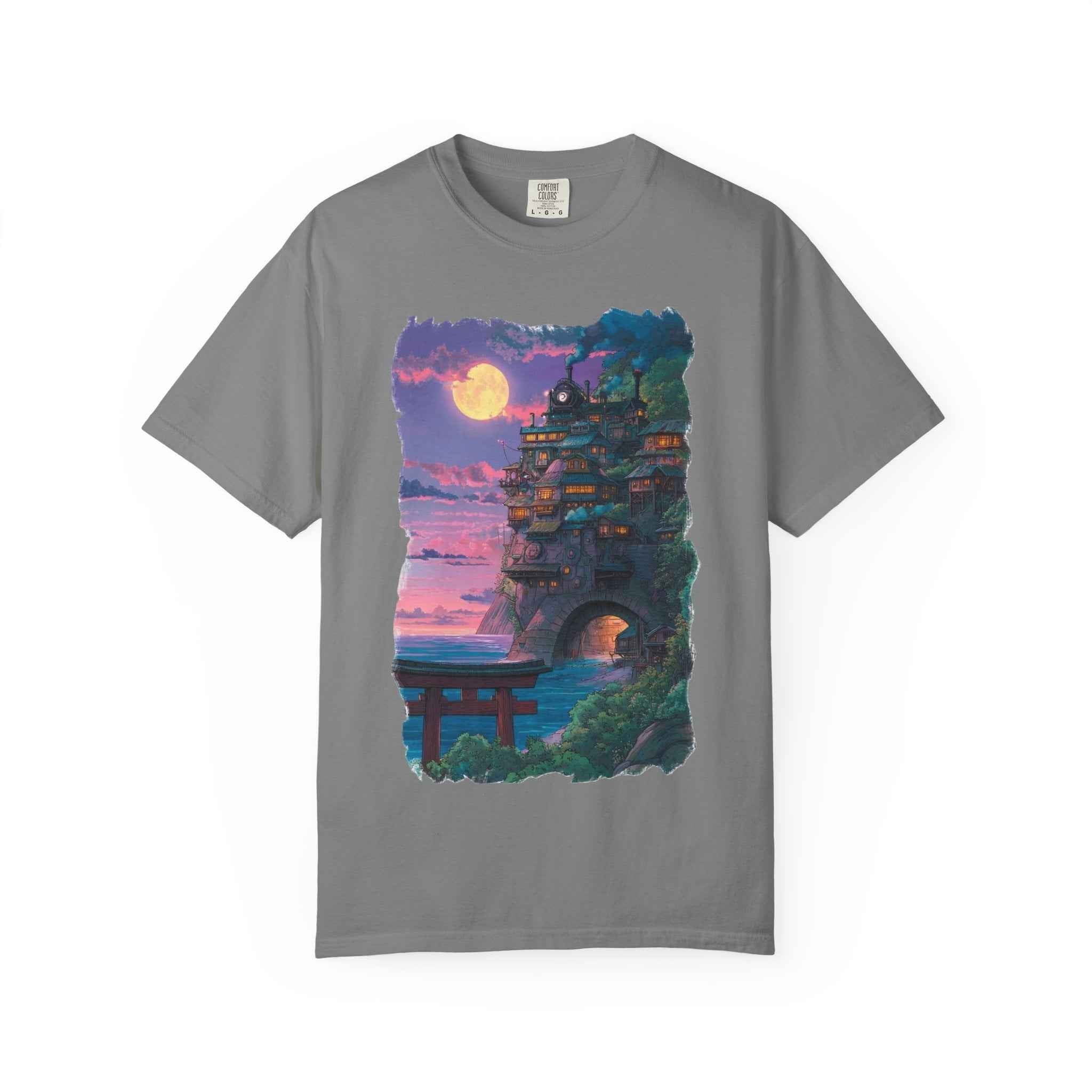 Anime-Inspired Moonlit Cliffside T-Shirt — Fantasy Night Village