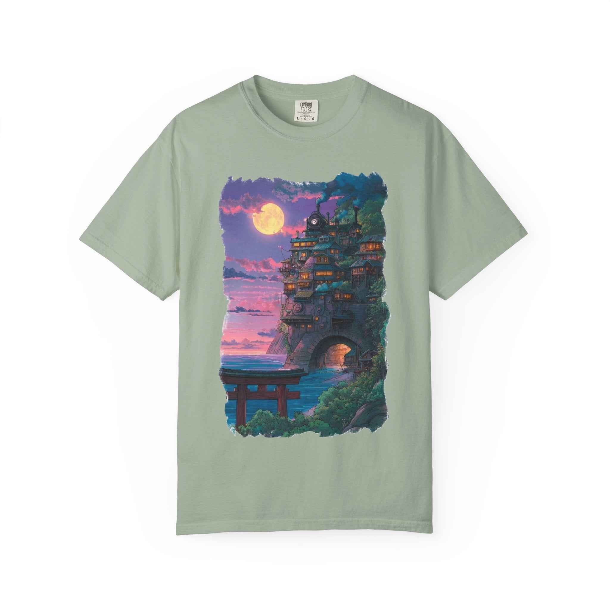 Anime-Inspired Moonlit Cliffside T-Shirt — Fantasy Night Village
