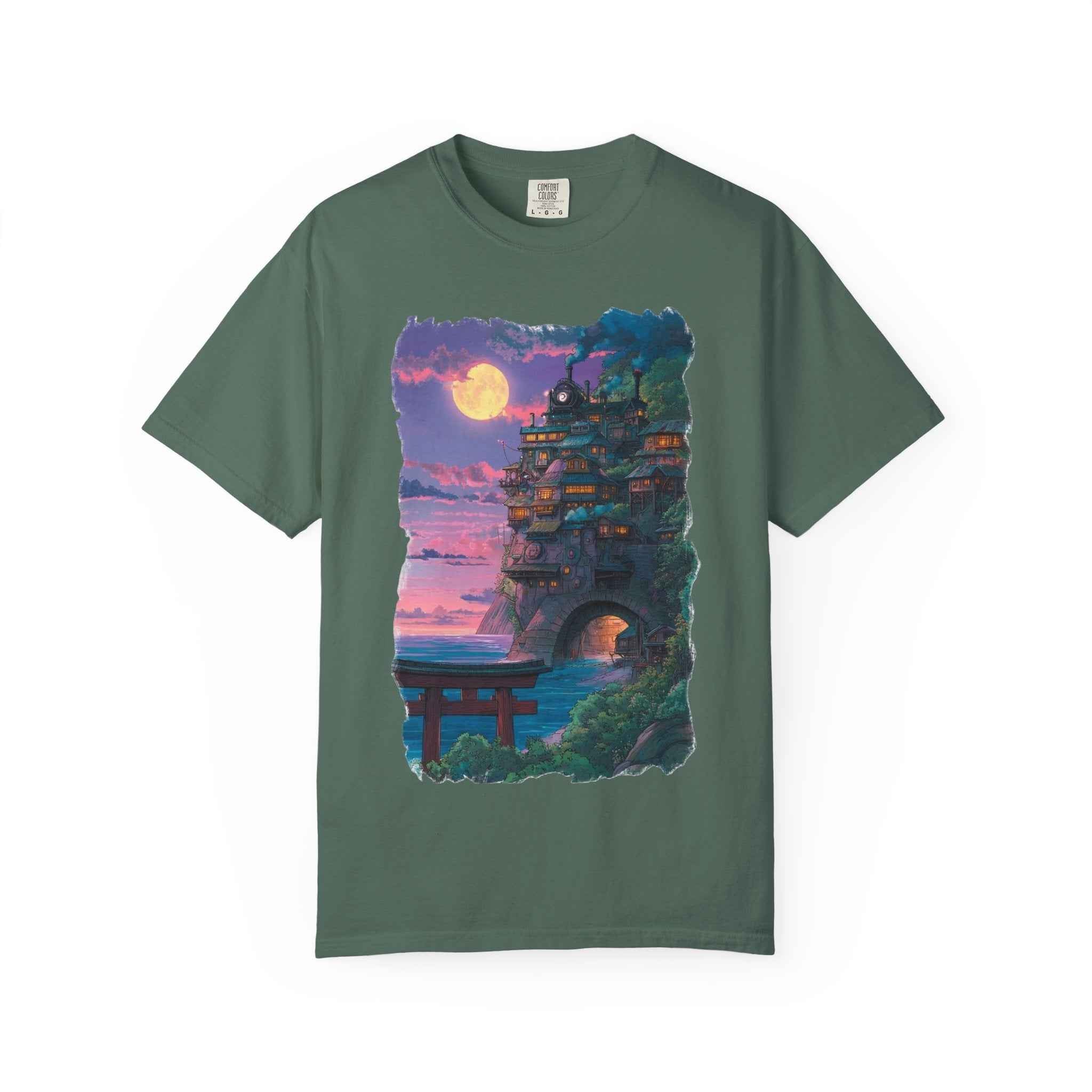 Anime-Inspired Moonlit Cliffside T-Shirt — Fantasy Night Village