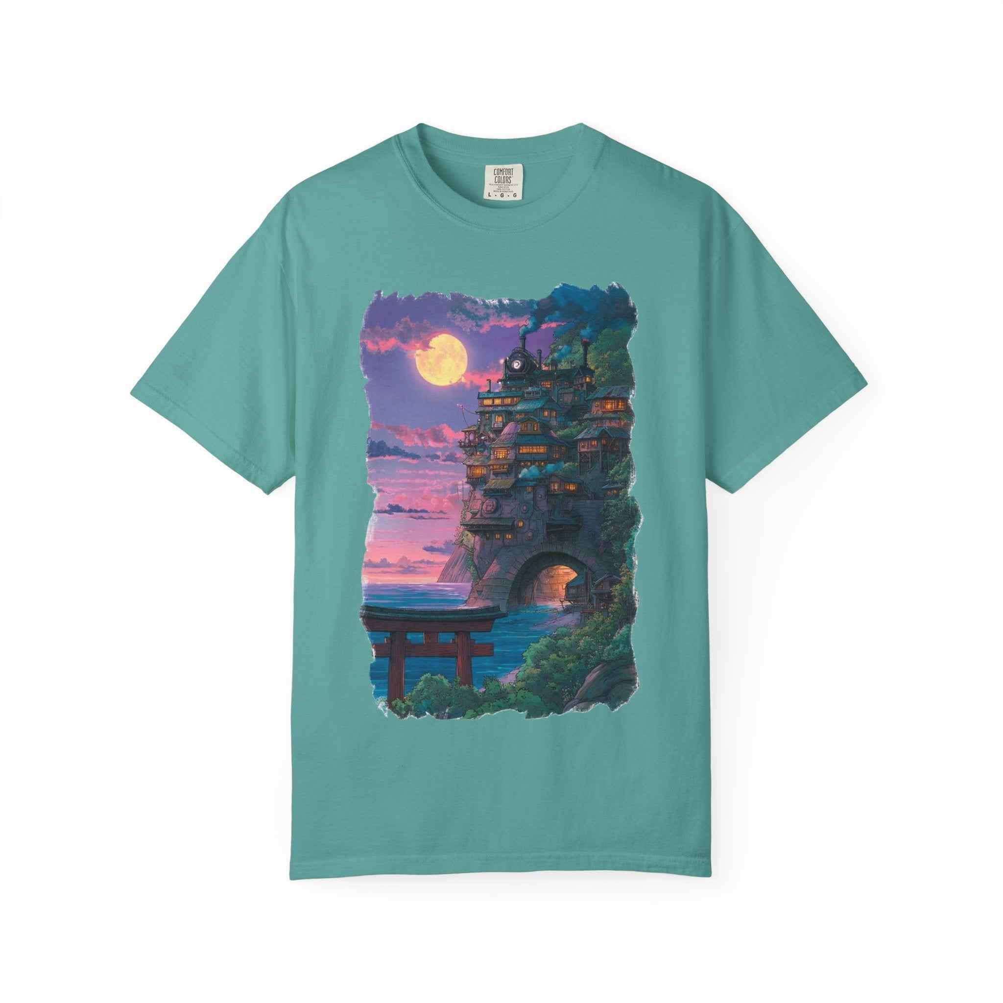 Anime-Inspired Moonlit Cliffside T-Shirt — Fantasy Night Village