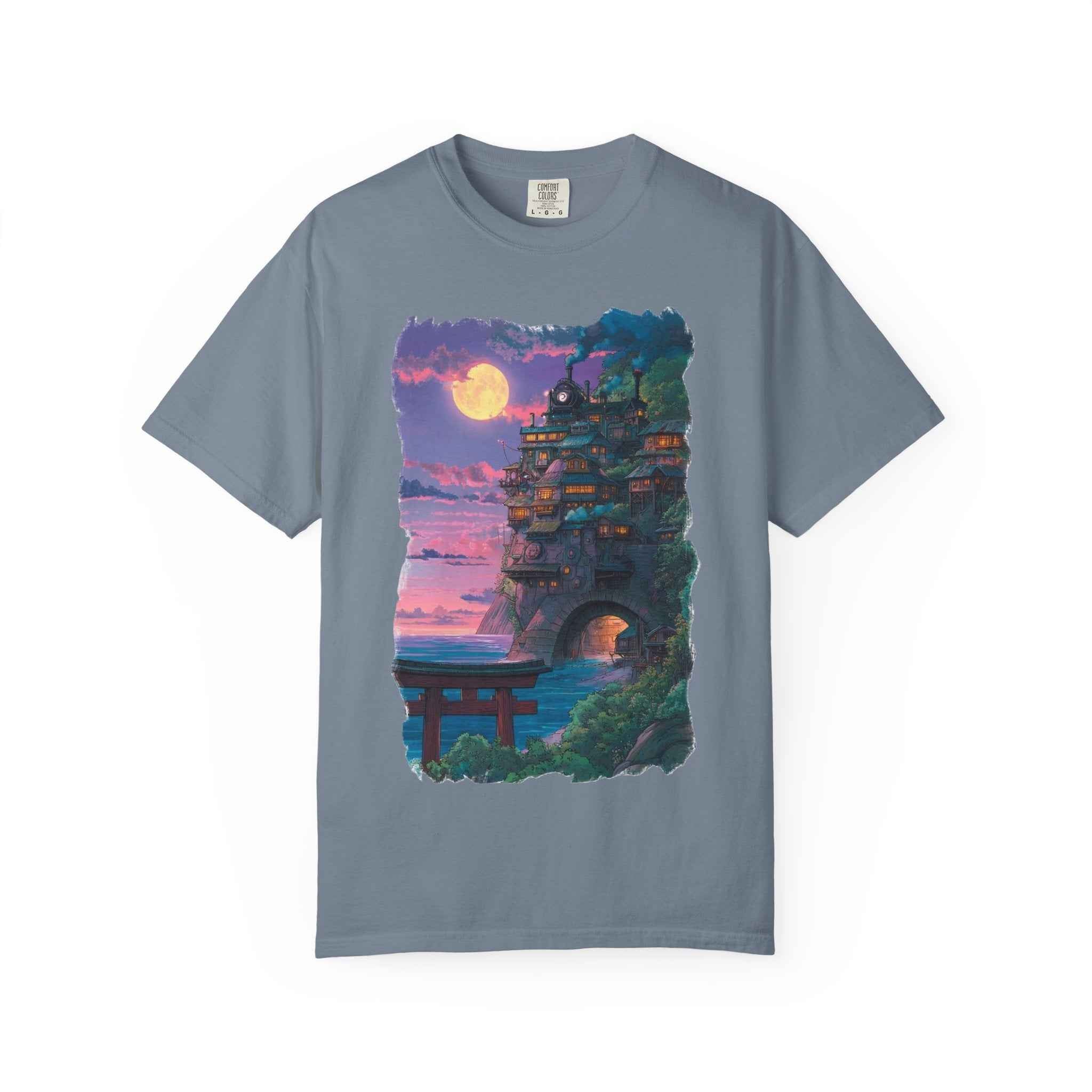 Anime-Inspired Moonlit Cliffside T-Shirt — Fantasy Night Village