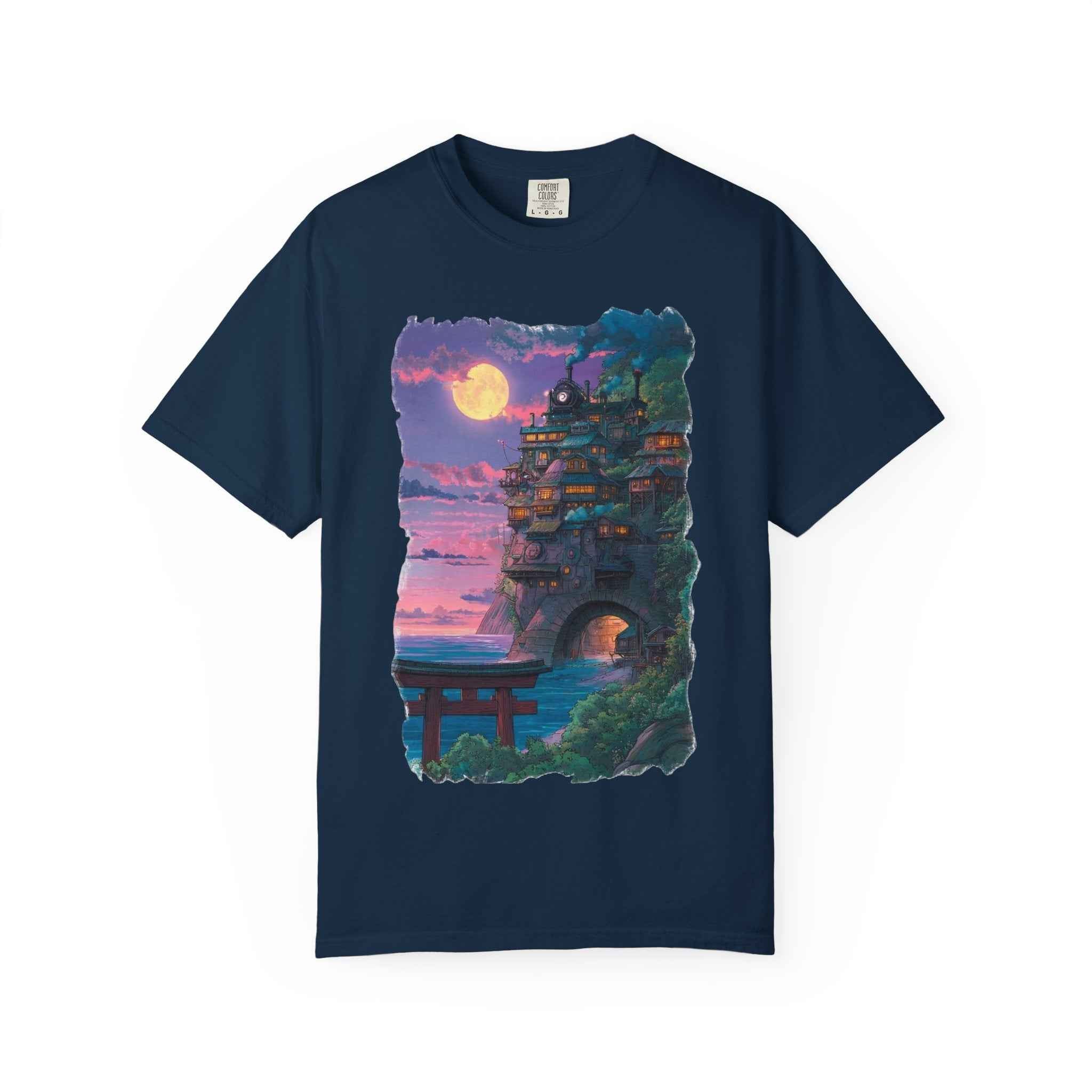 Anime-Inspired Moonlit Cliffside T-Shirt — Fantasy Night Village