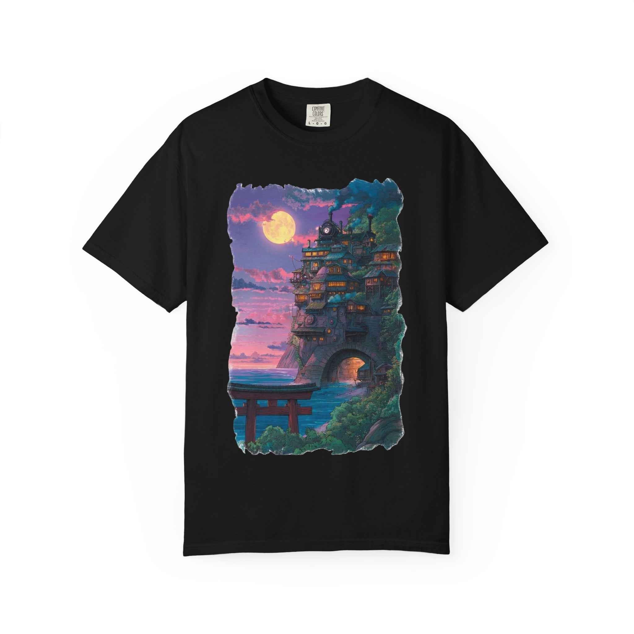 Anime-Inspired Moonlit Cliffside T-Shirt — Fantasy Night Village