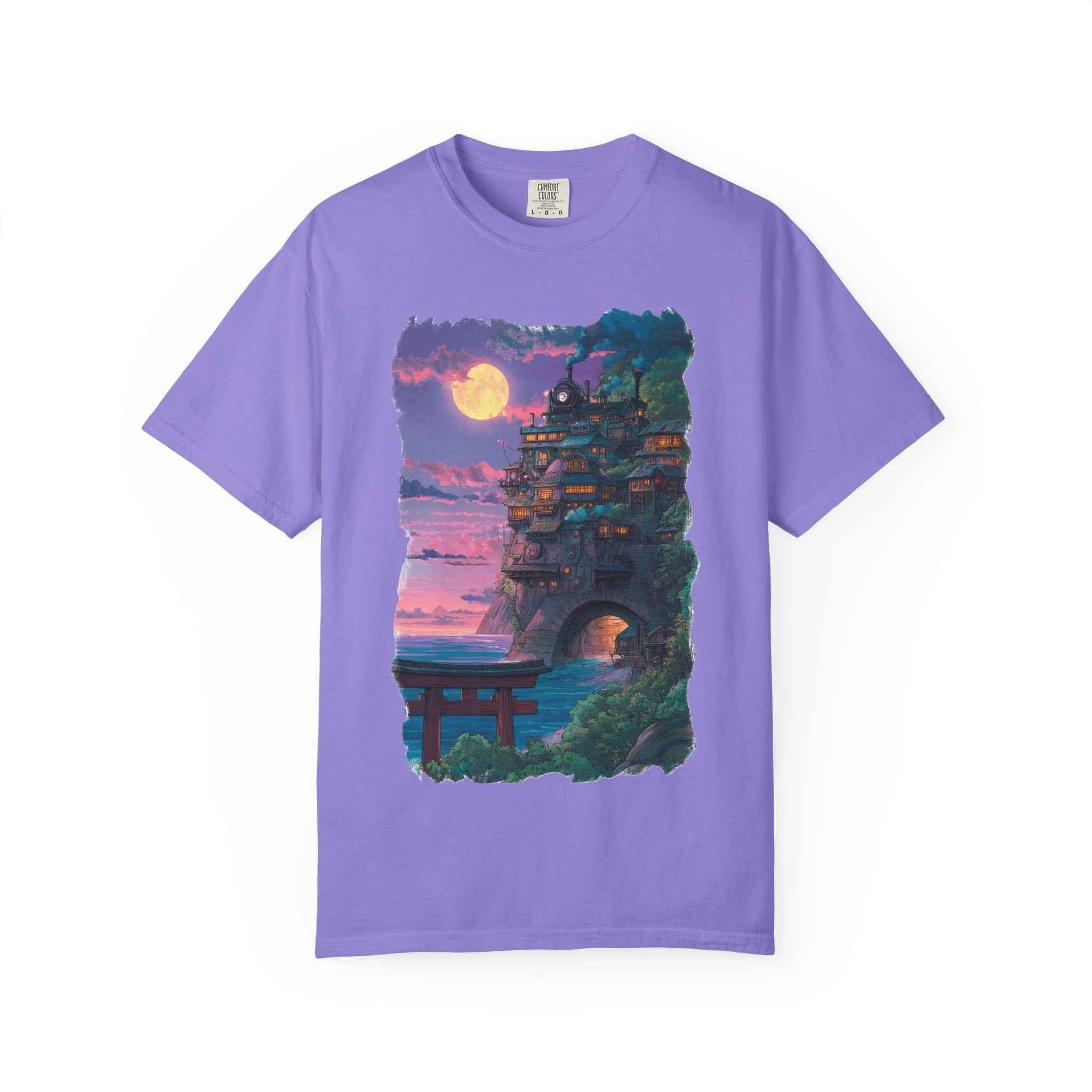Anime-Inspired Moonlit Cliffside T-Shirt — Fantasy Night Village