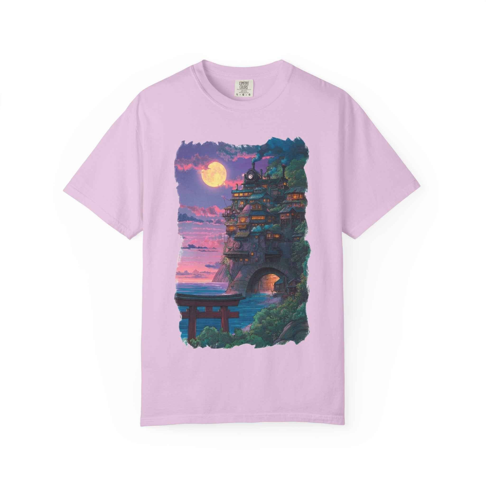 Anime-Inspired Moonlit Cliffside T-Shirt — Fantasy Night Village