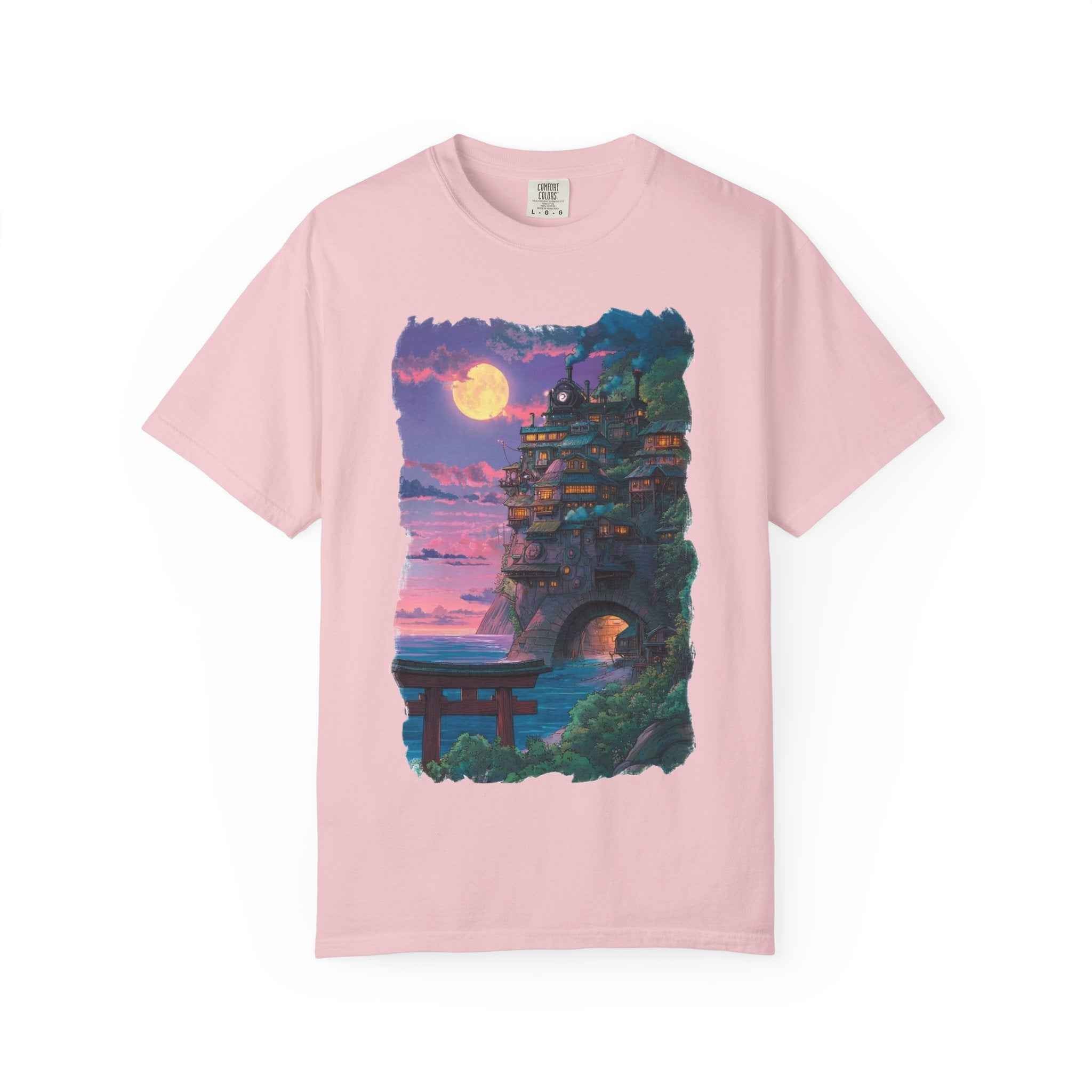 Anime-Inspired Moonlit Cliffside T-Shirt — Fantasy Night Village