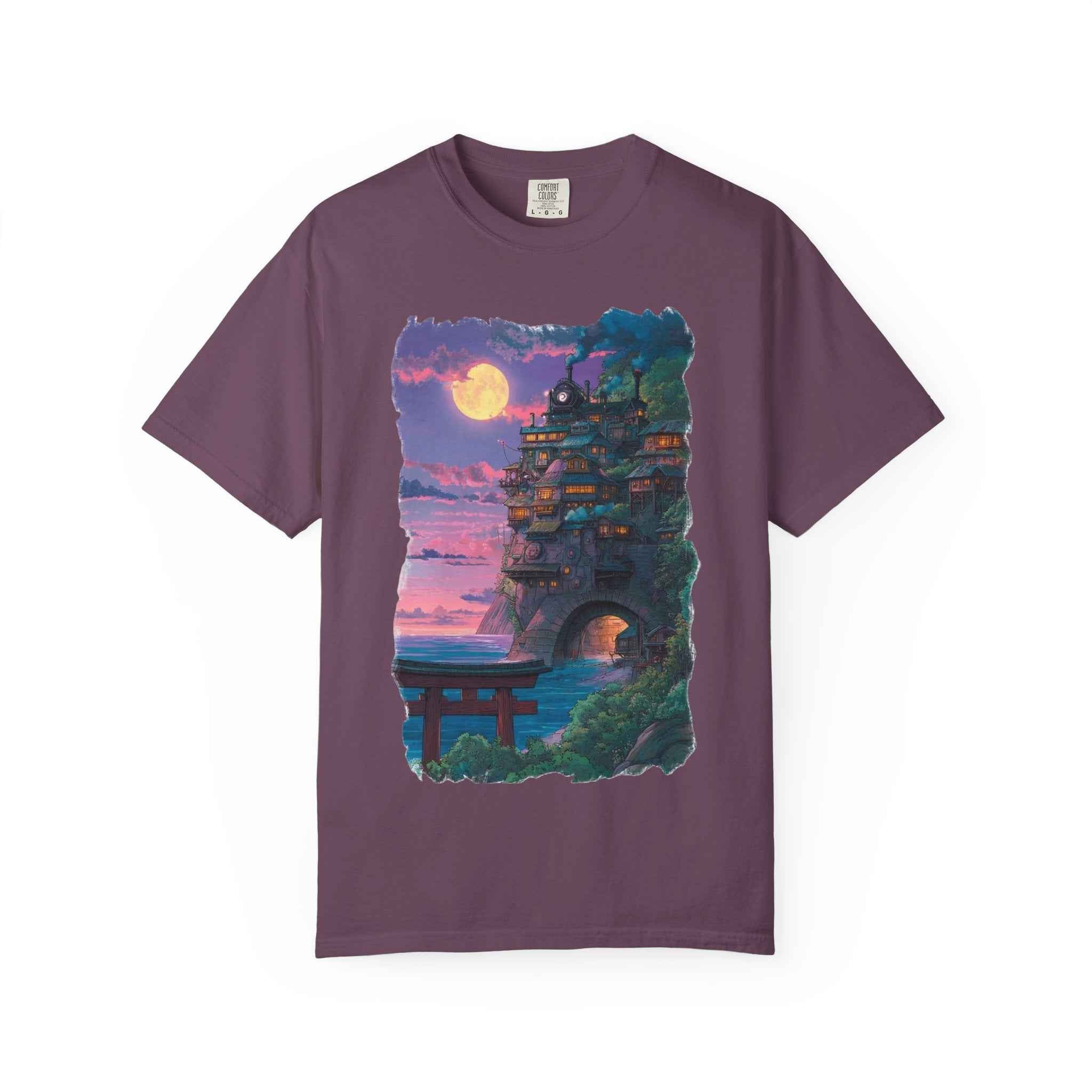 Anime-Inspired Moonlit Cliffside T-Shirt — Fantasy Night Village