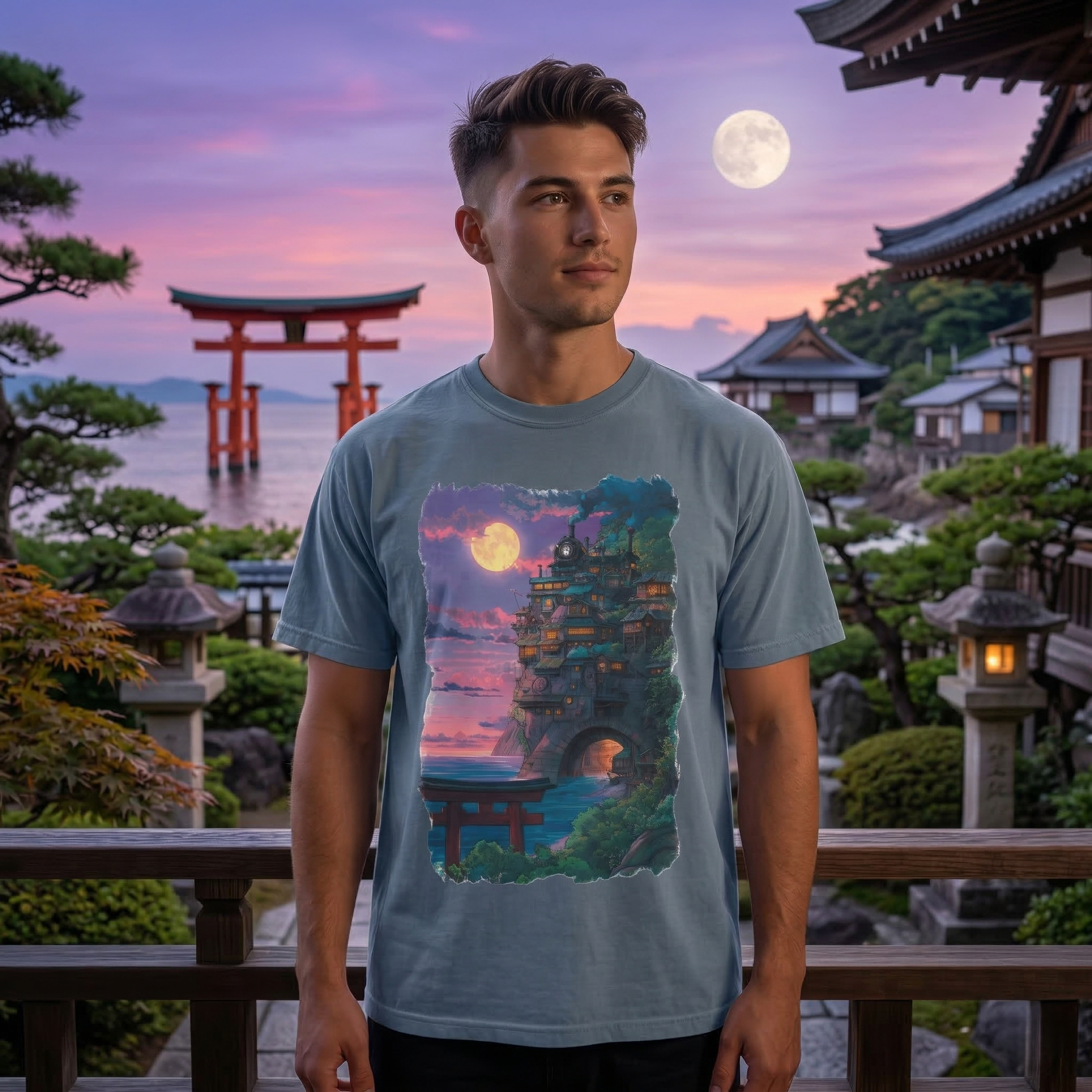 Anime-Inspired Moonlit Cliffside T-Shirt — Fantasy Night Village
