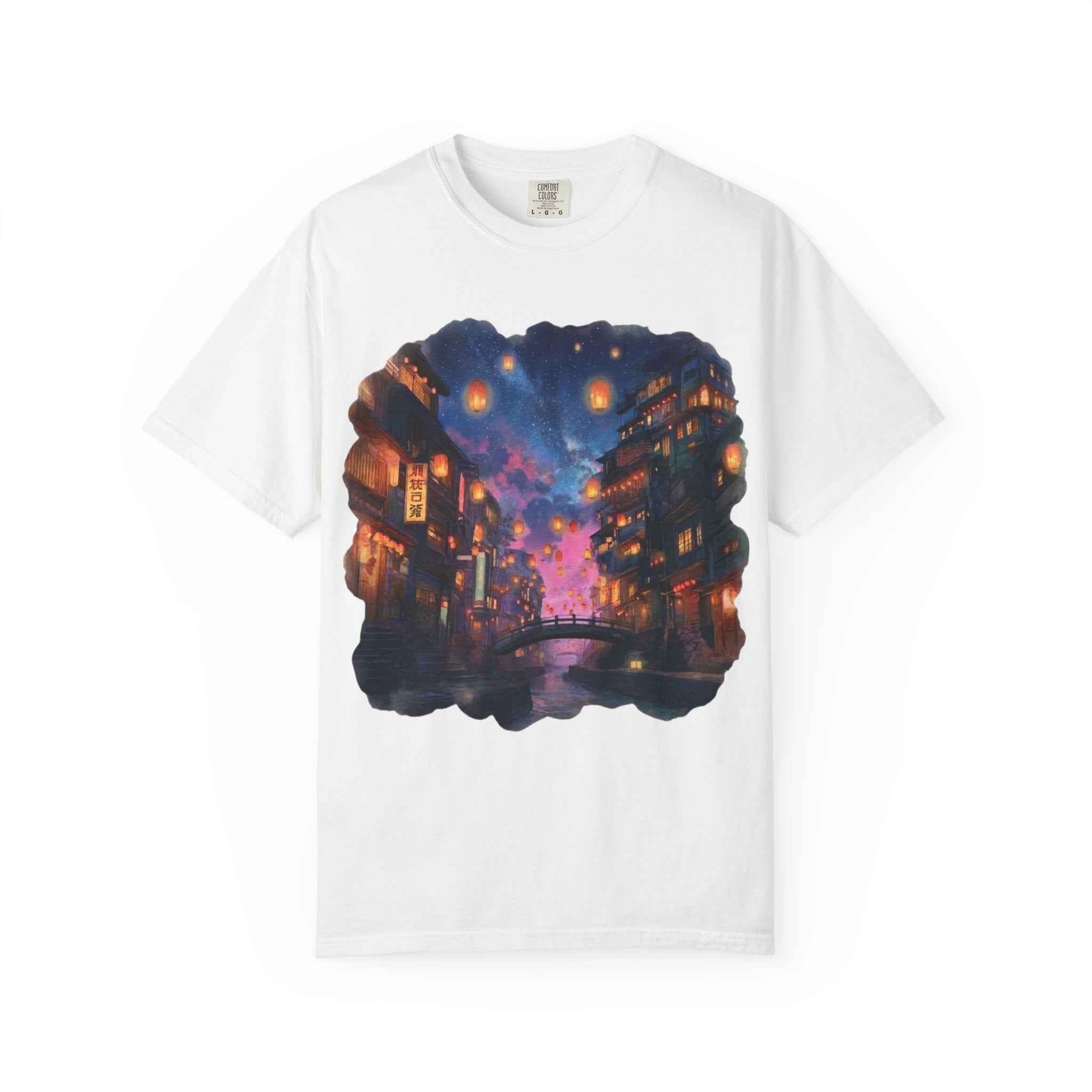 Anime Starry Lanterns Canal T-Shirt, Nighttime Cityscape