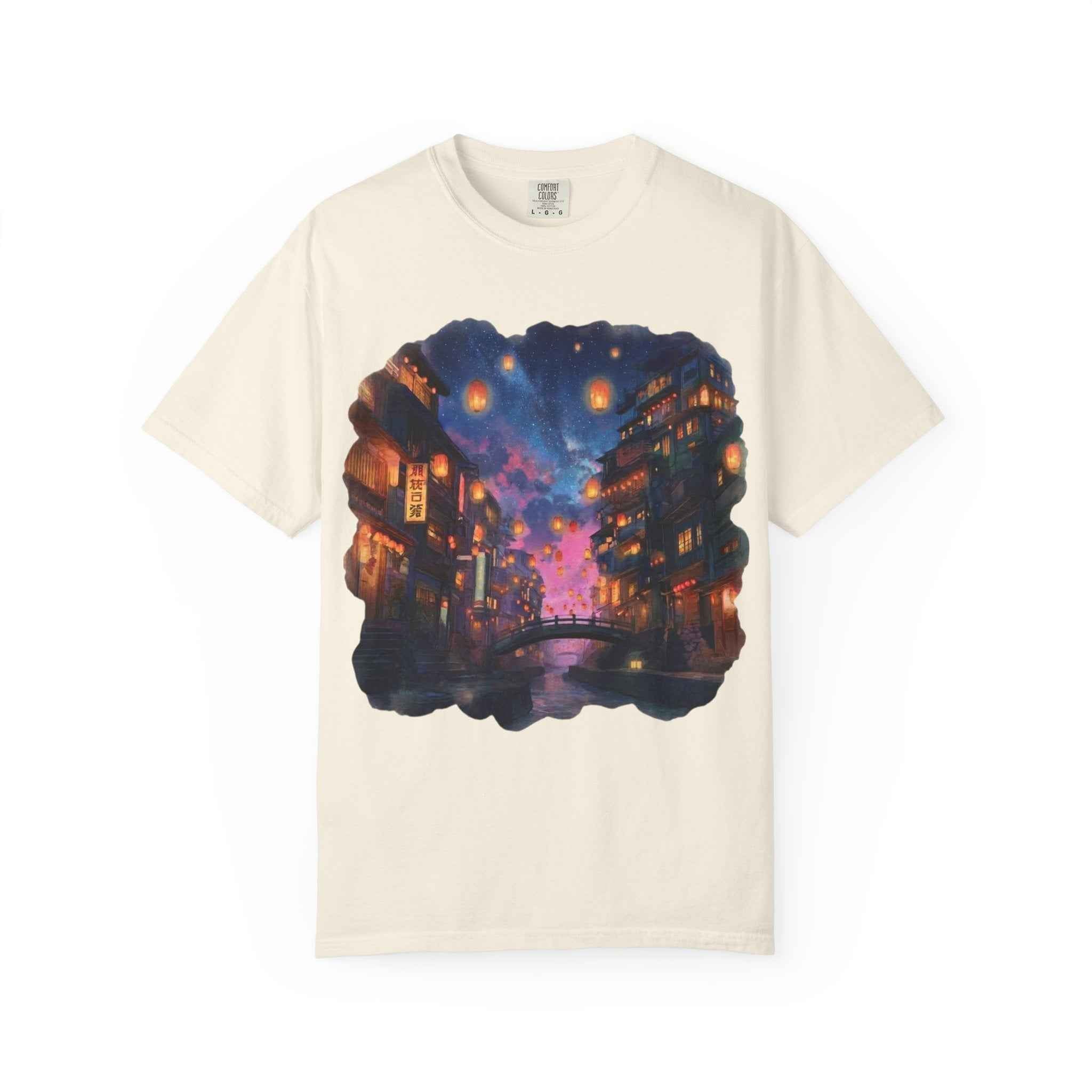 Anime Starry Lanterns Canal T-Shirt, Nighttime Cityscape