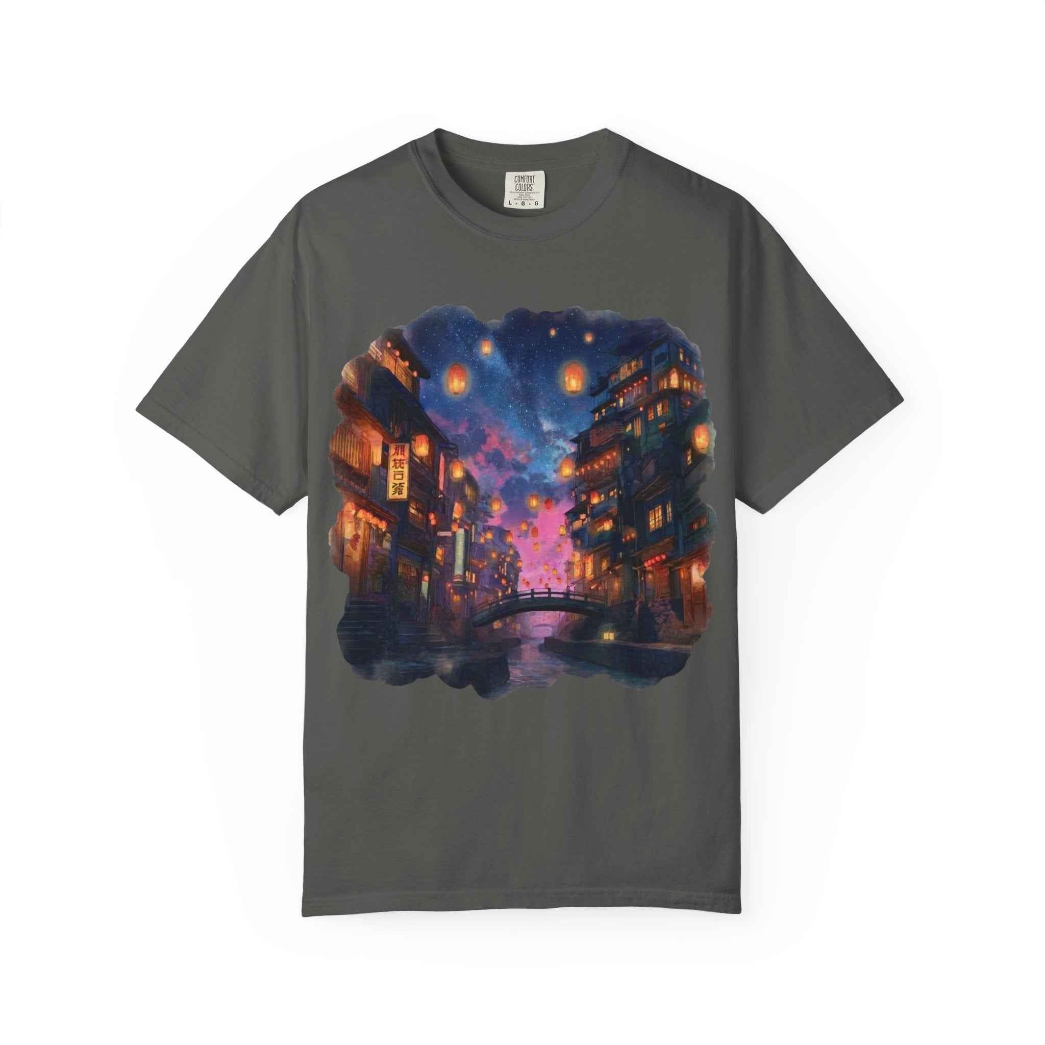 Anime Starry Lanterns Canal T-Shirt, Nighttime Cityscape