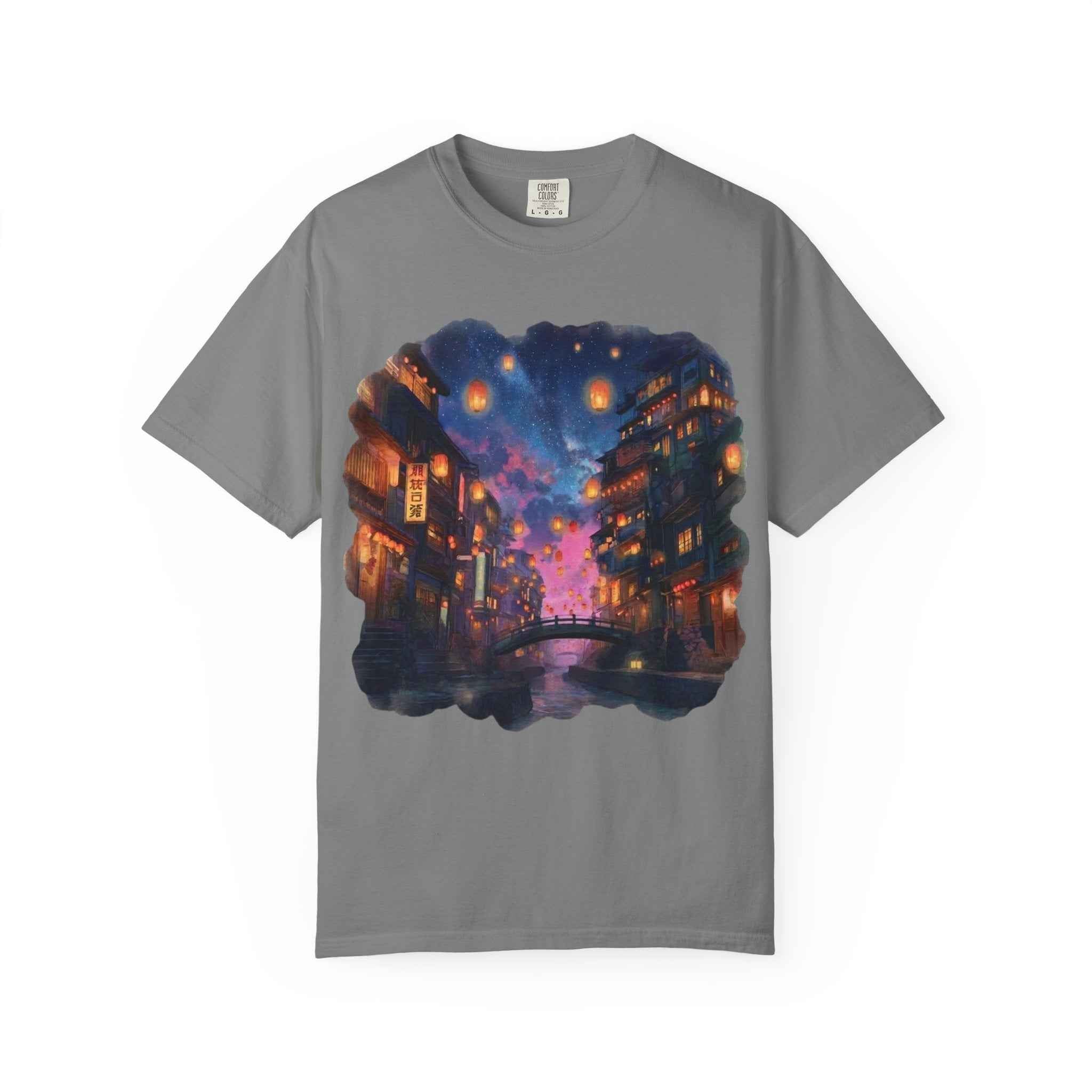 Anime Starry Lanterns Canal T-Shirt, Nighttime Cityscape