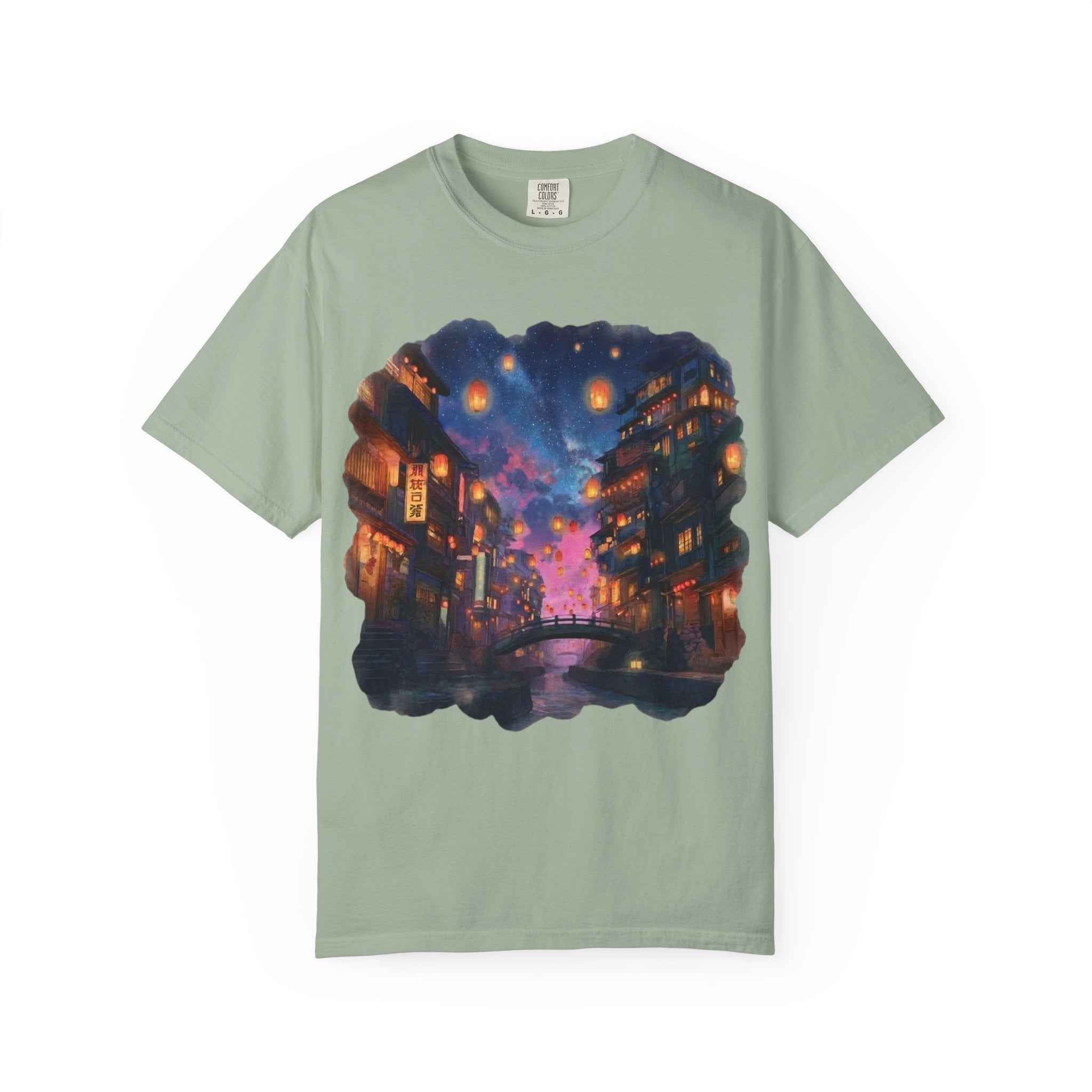 Anime Starry Lanterns Canal T-Shirt, Nighttime Cityscape