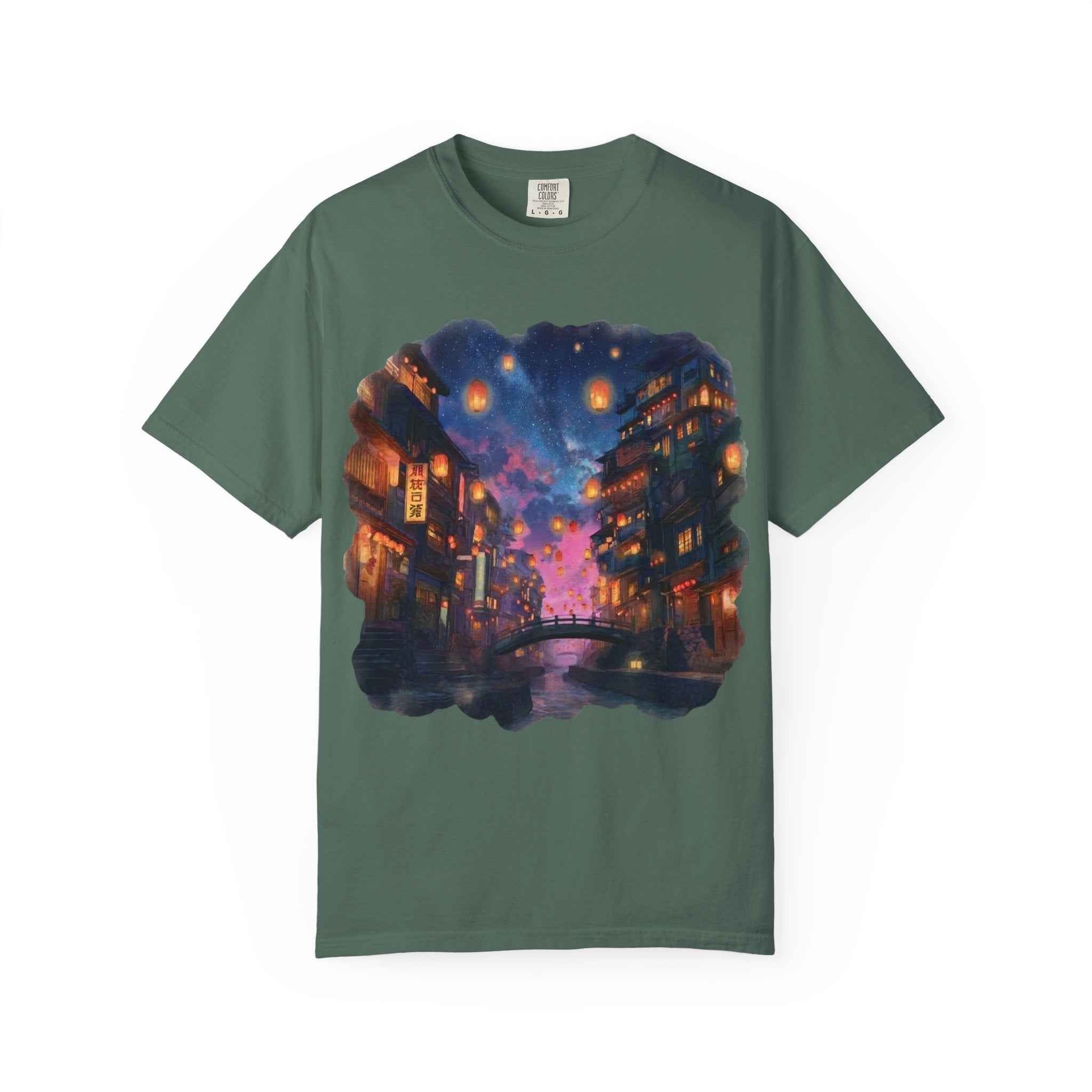 Anime Starry Lanterns Canal T-Shirt, Nighttime Cityscape