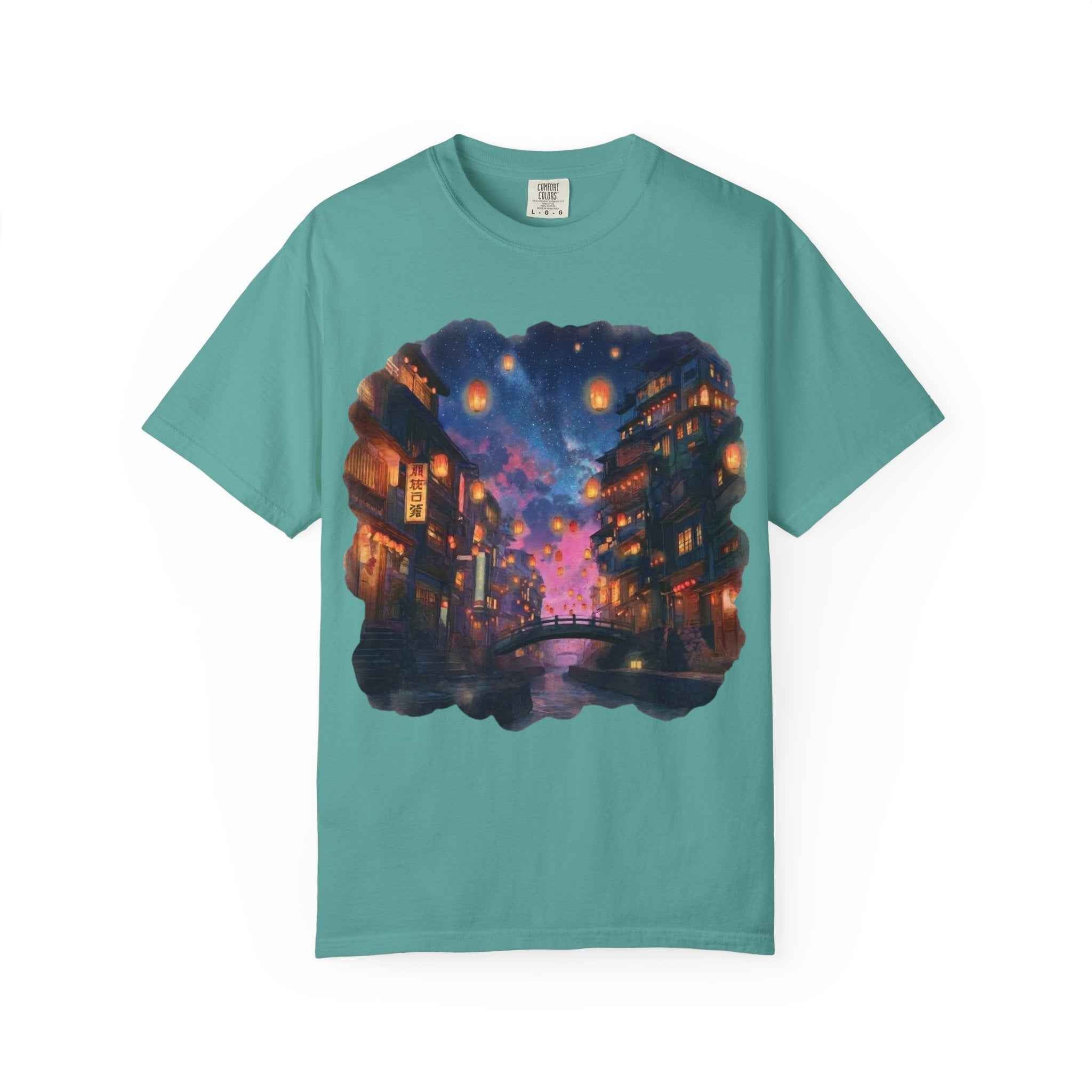 Anime Starry Lanterns Canal T-Shirt, Nighttime Cityscape