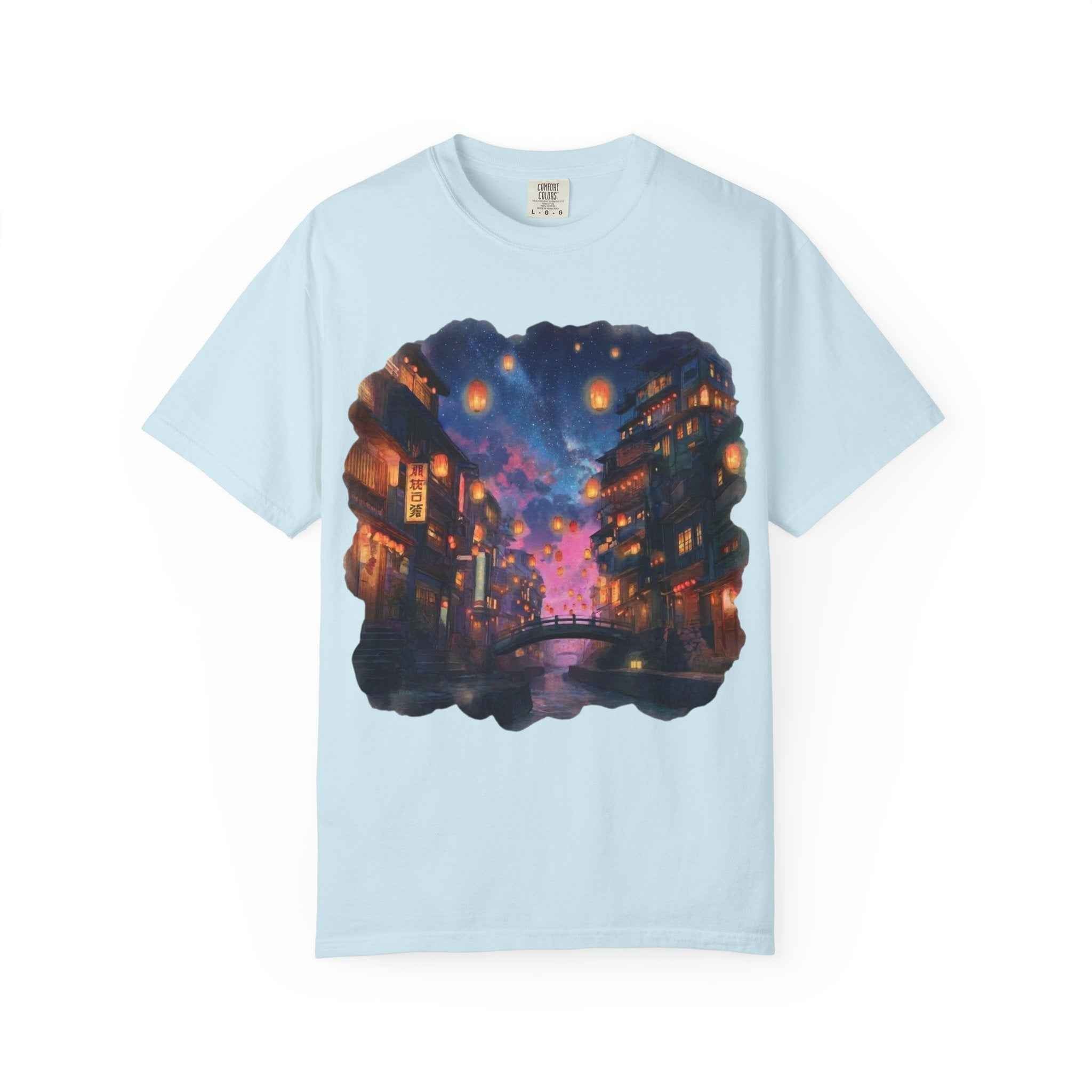Anime Starry Lanterns Canal T-Shirt, Nighttime Cityscape