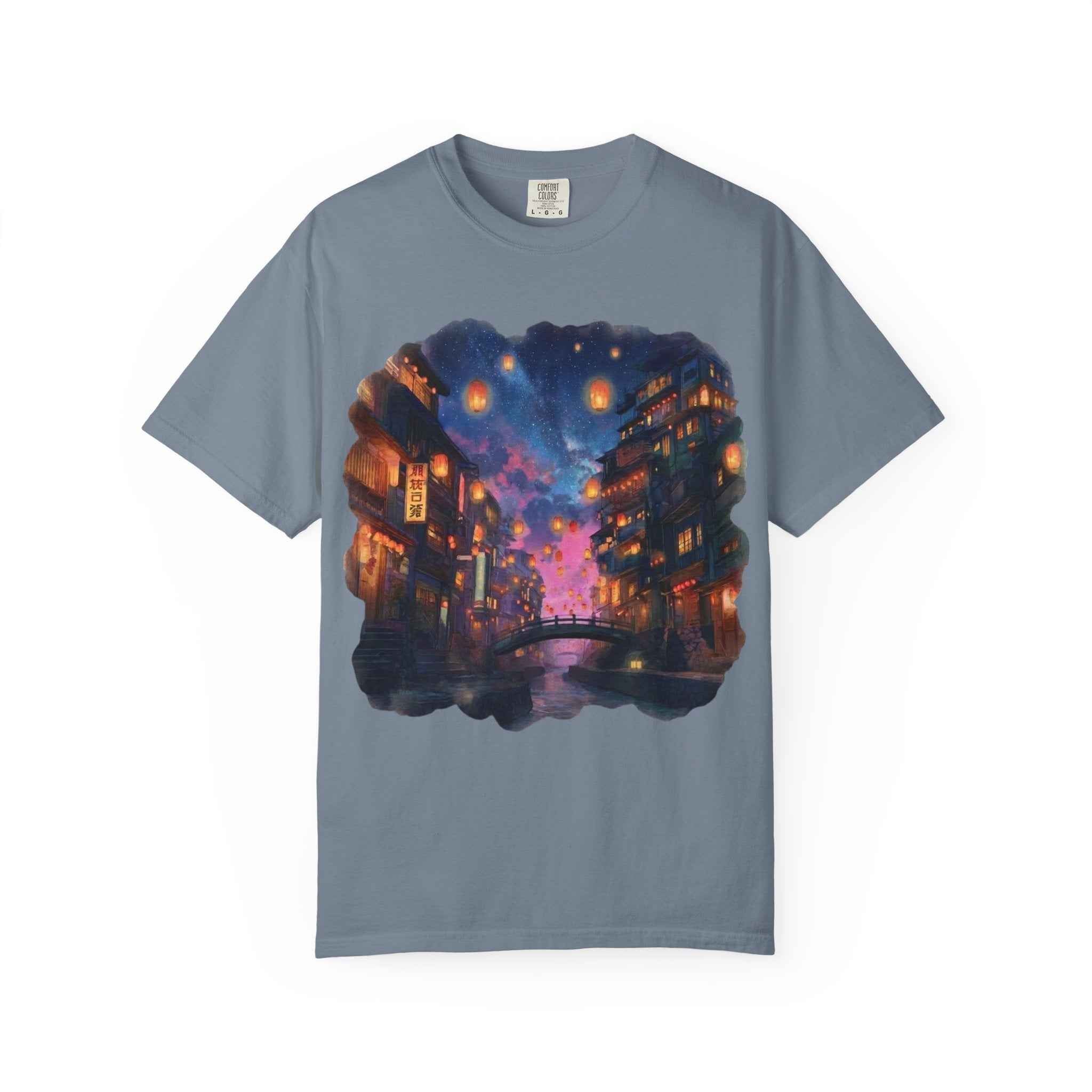 Anime Starry Lanterns Canal T-Shirt, Nighttime Cityscape
