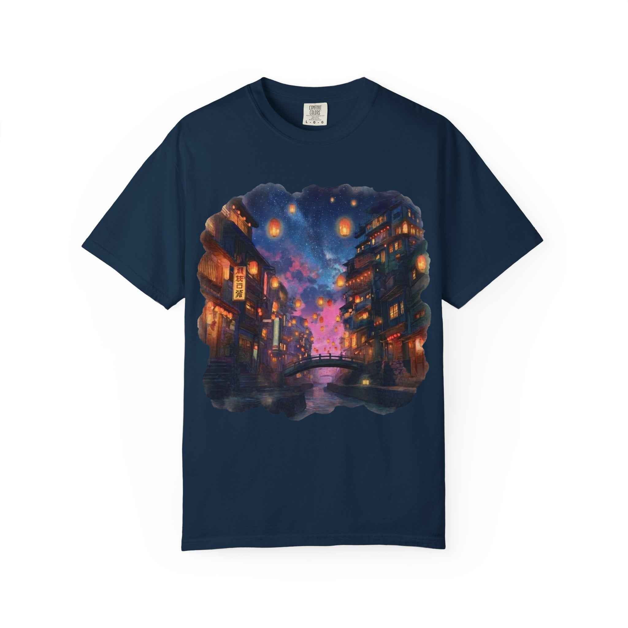 Anime Starry Lanterns Canal T-Shirt, Nighttime Cityscape