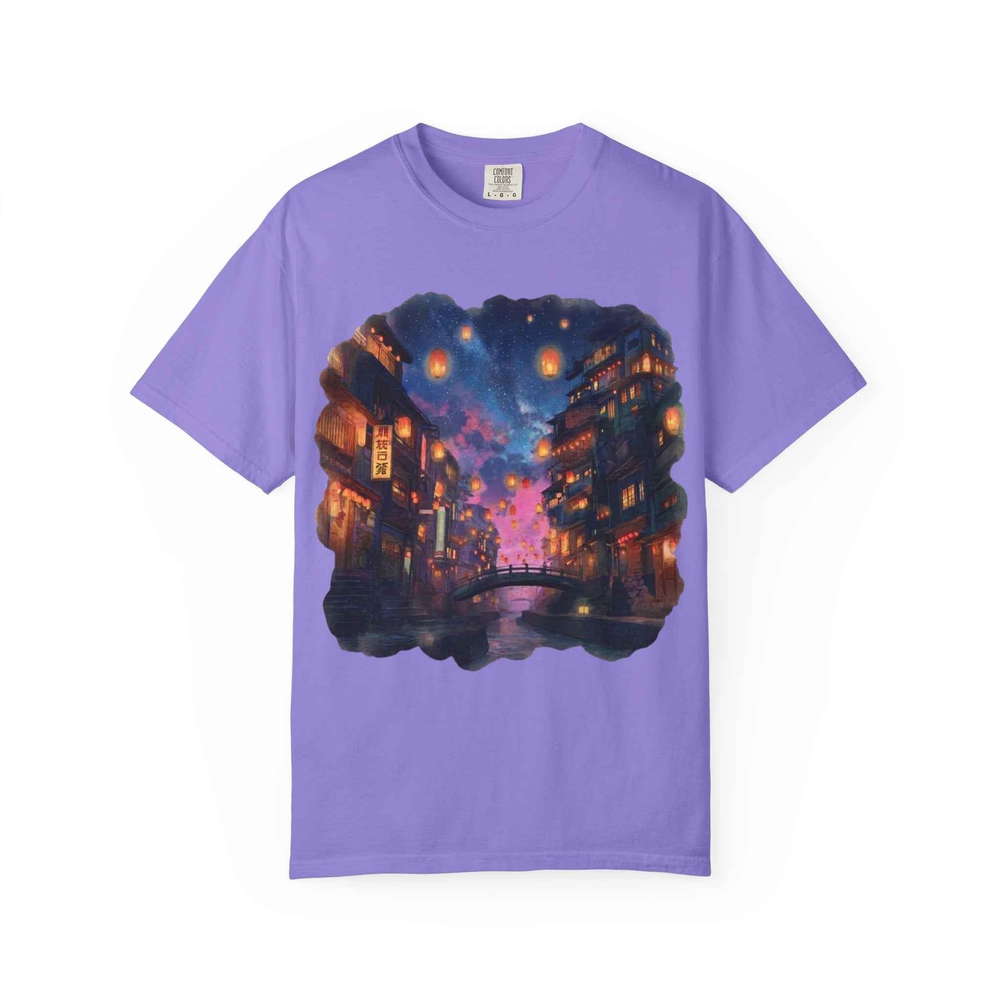 Anime Starry Lanterns Canal T-Shirt, Nighttime Cityscape