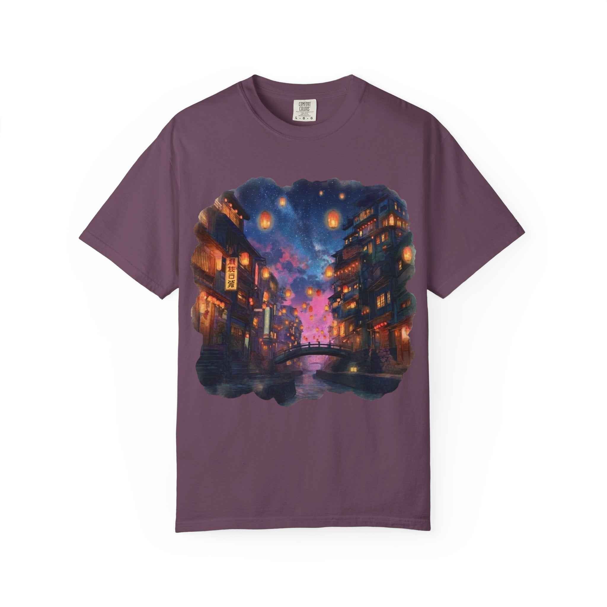 Anime Starry Lanterns Canal T-Shirt, Nighttime Cityscape