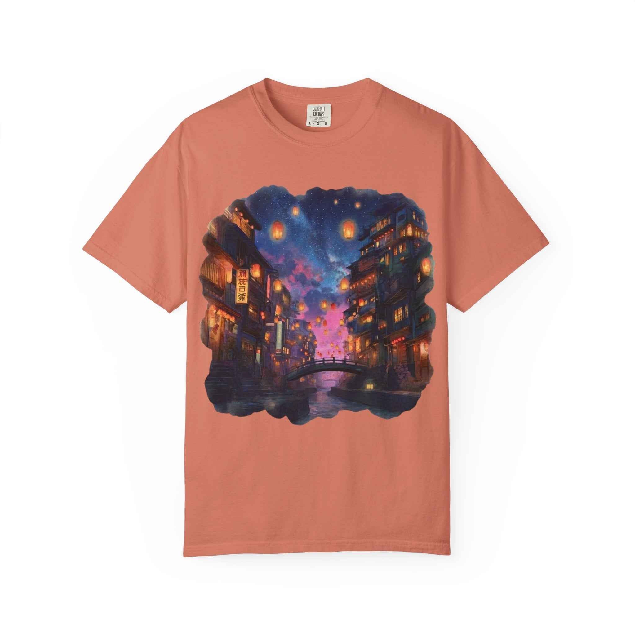 Anime Starry Lanterns Canal T-Shirt, Nighttime Cityscape