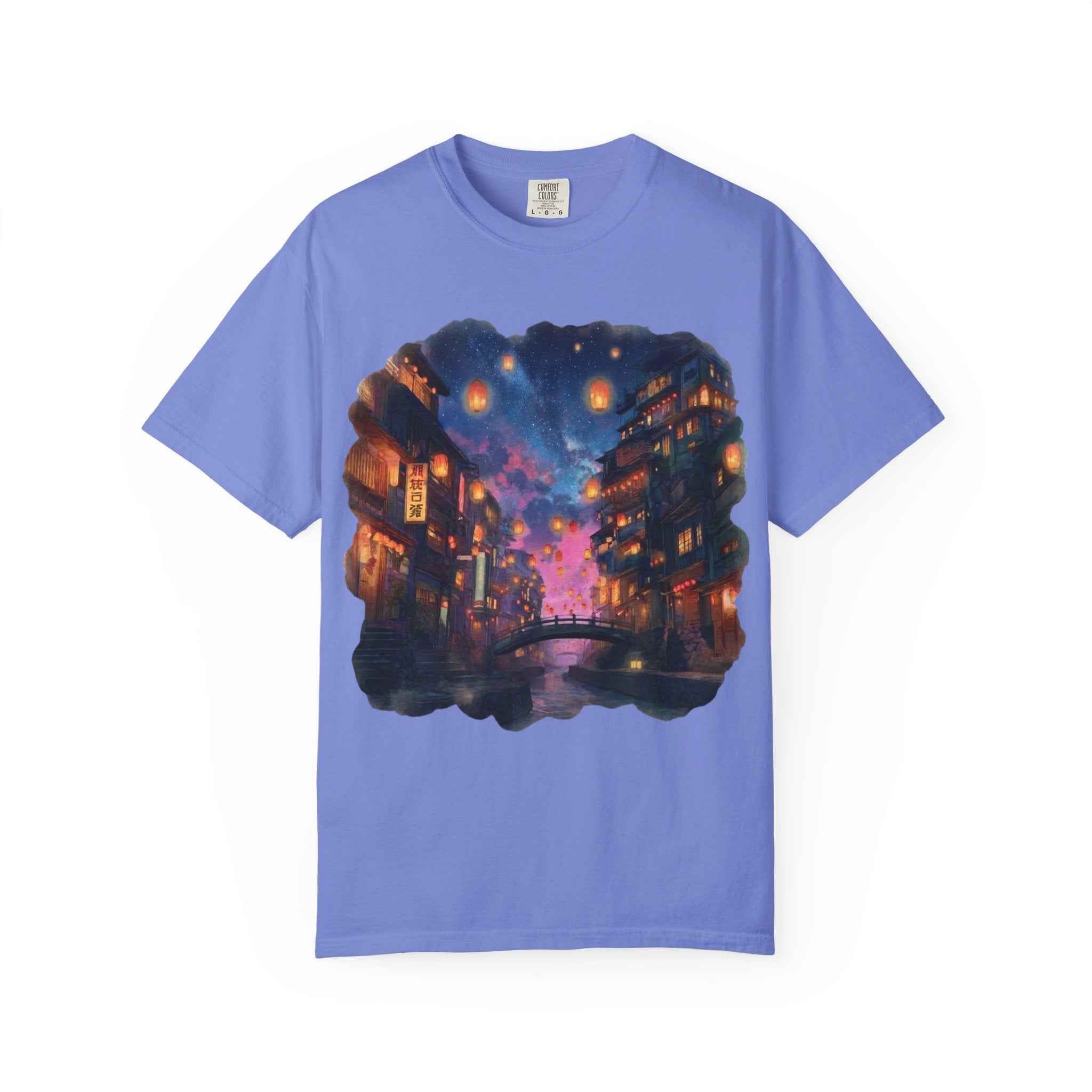 Anime Starry Lanterns Canal T-Shirt, Nighttime Cityscape