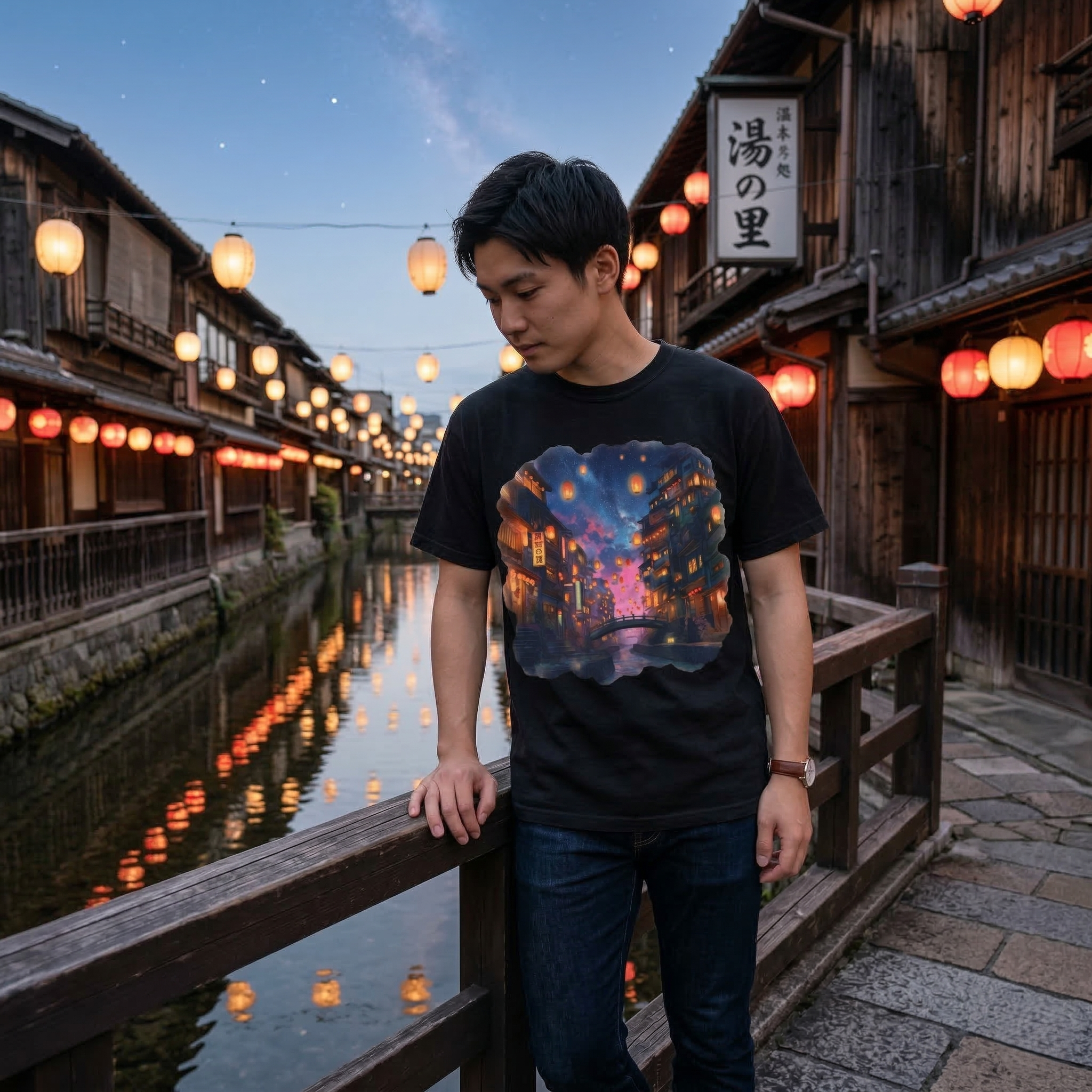 Anime Starry Lanterns Canal T-Shirt, Nighttime Cityscape